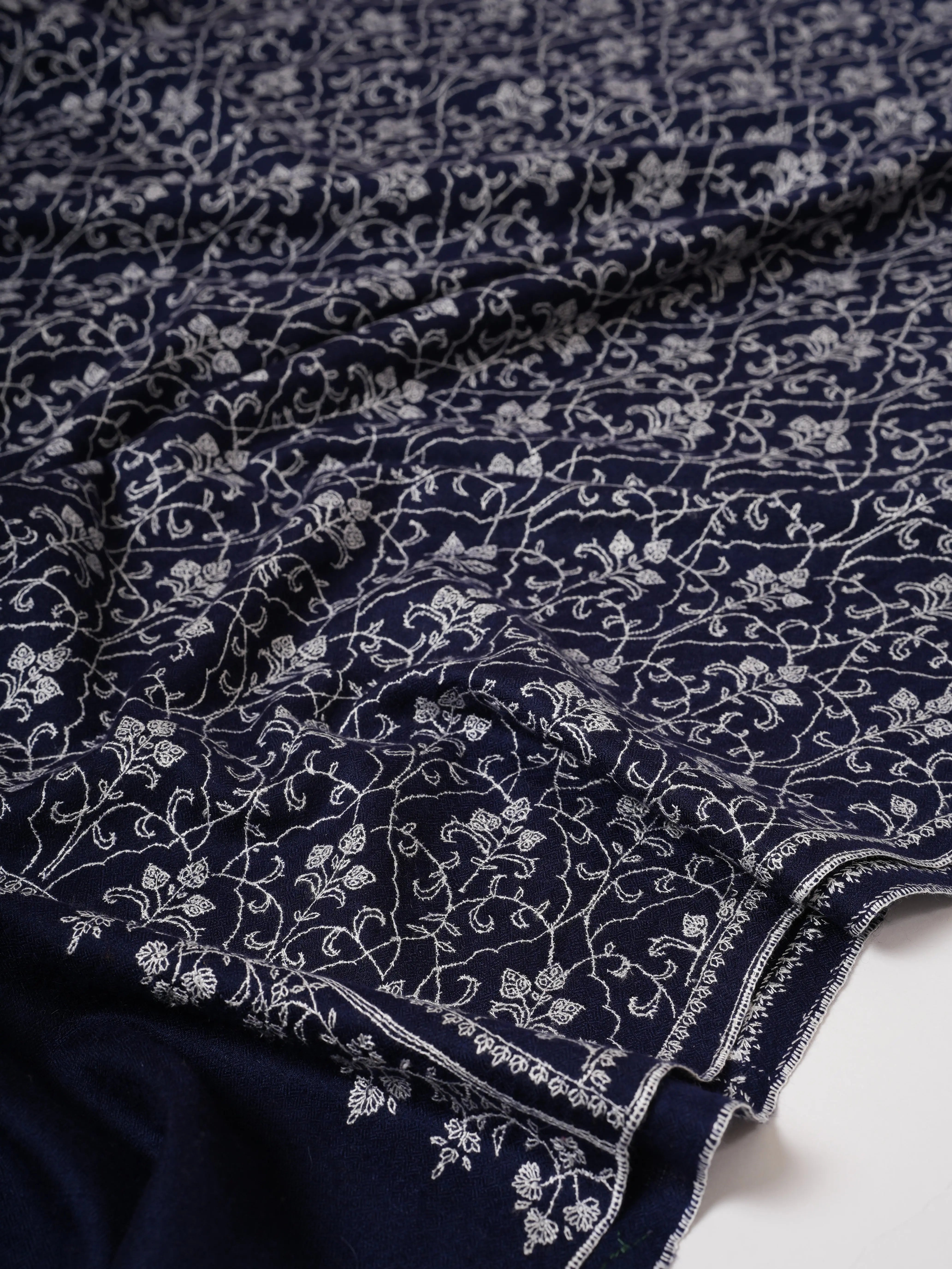Dark Blue Kashmiri Pashmina Shawl with Fine Sozni Embroidery Shahkaar