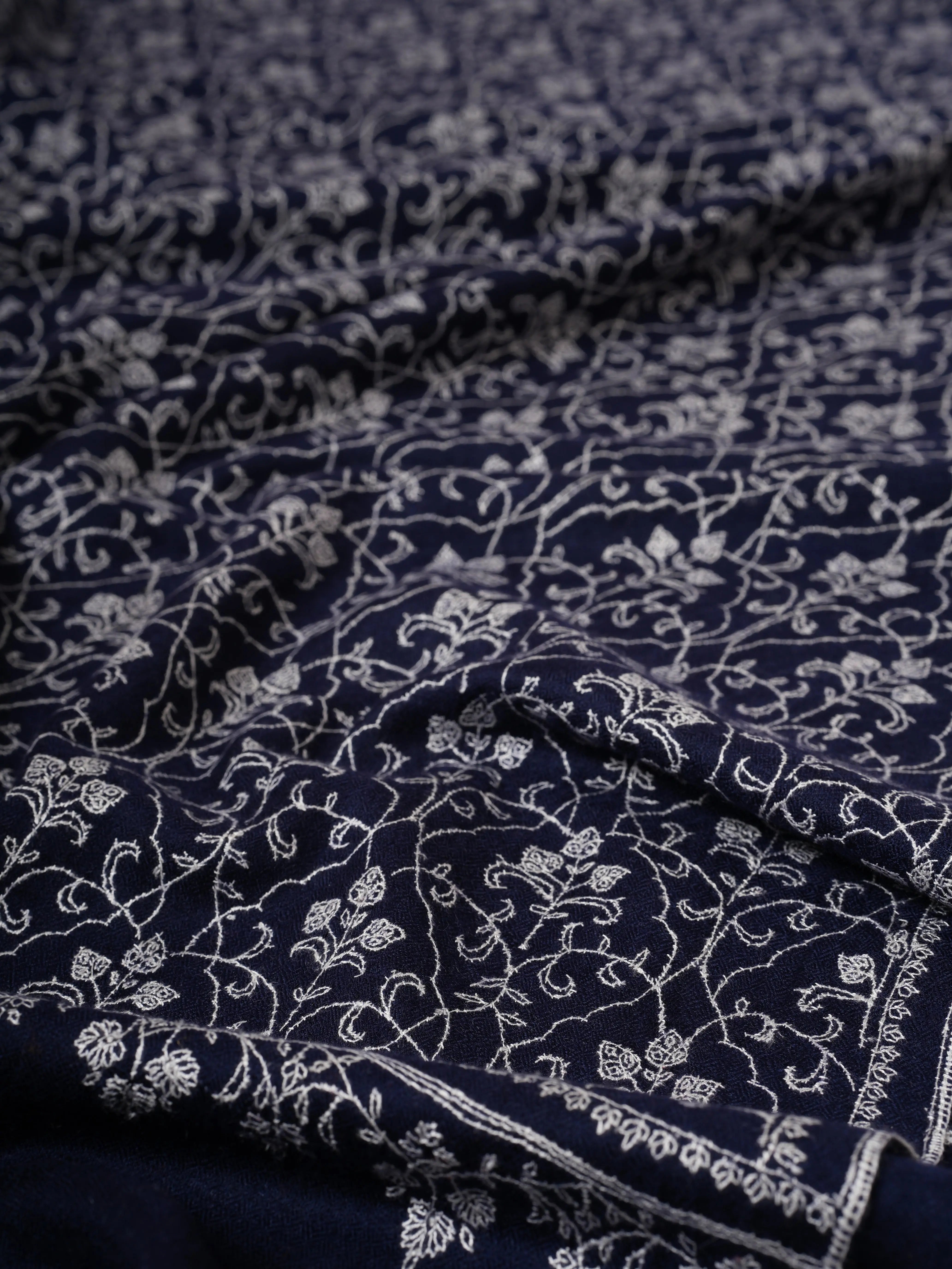 Dark Blue Kashmiri Pashmina Shawl with Fine Sozni Embroidery Shahkaar