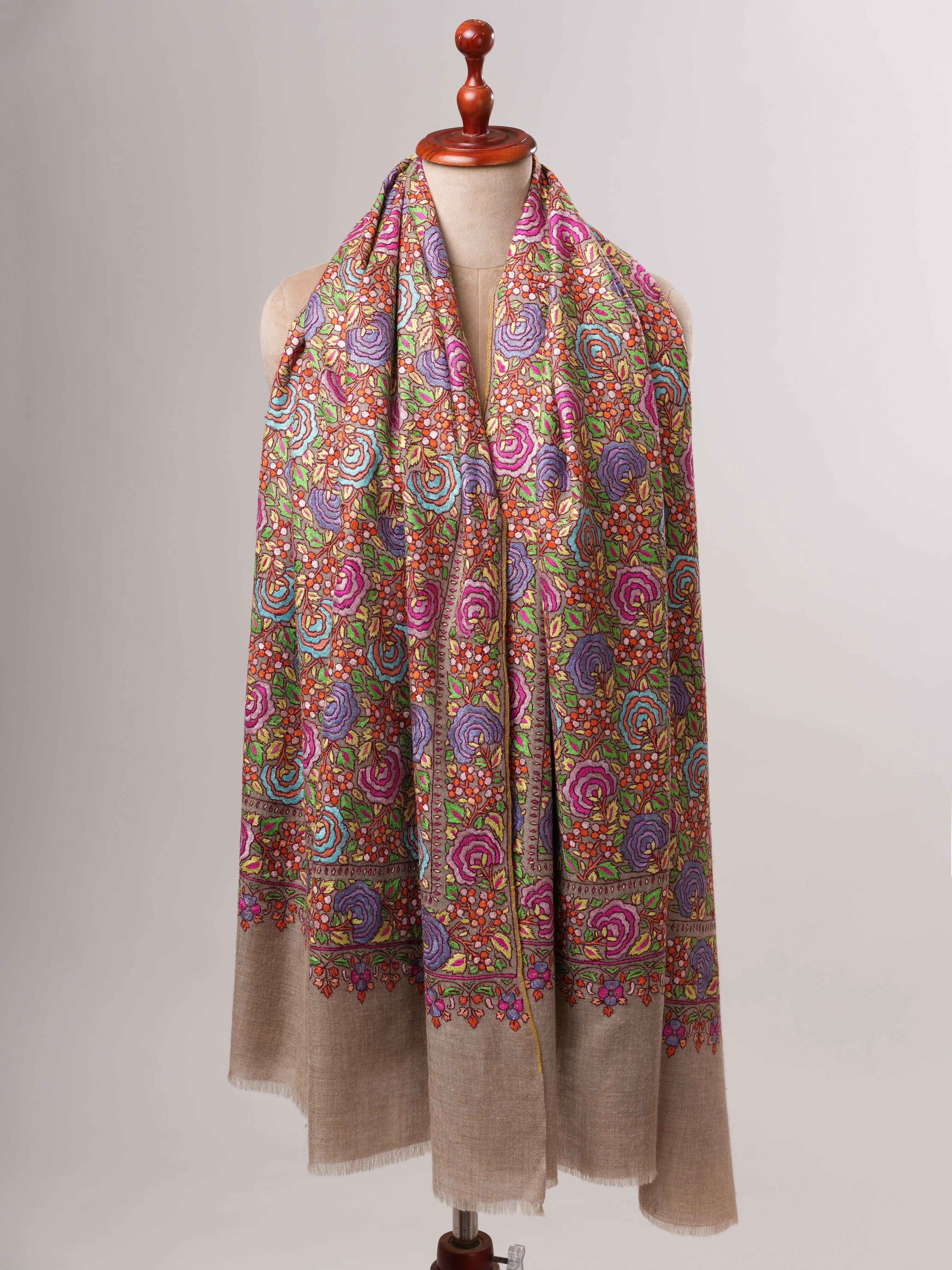 Natural Grey Pashmina Shawl with Floral Papier Mâché Hand Embroidery Shahkaar