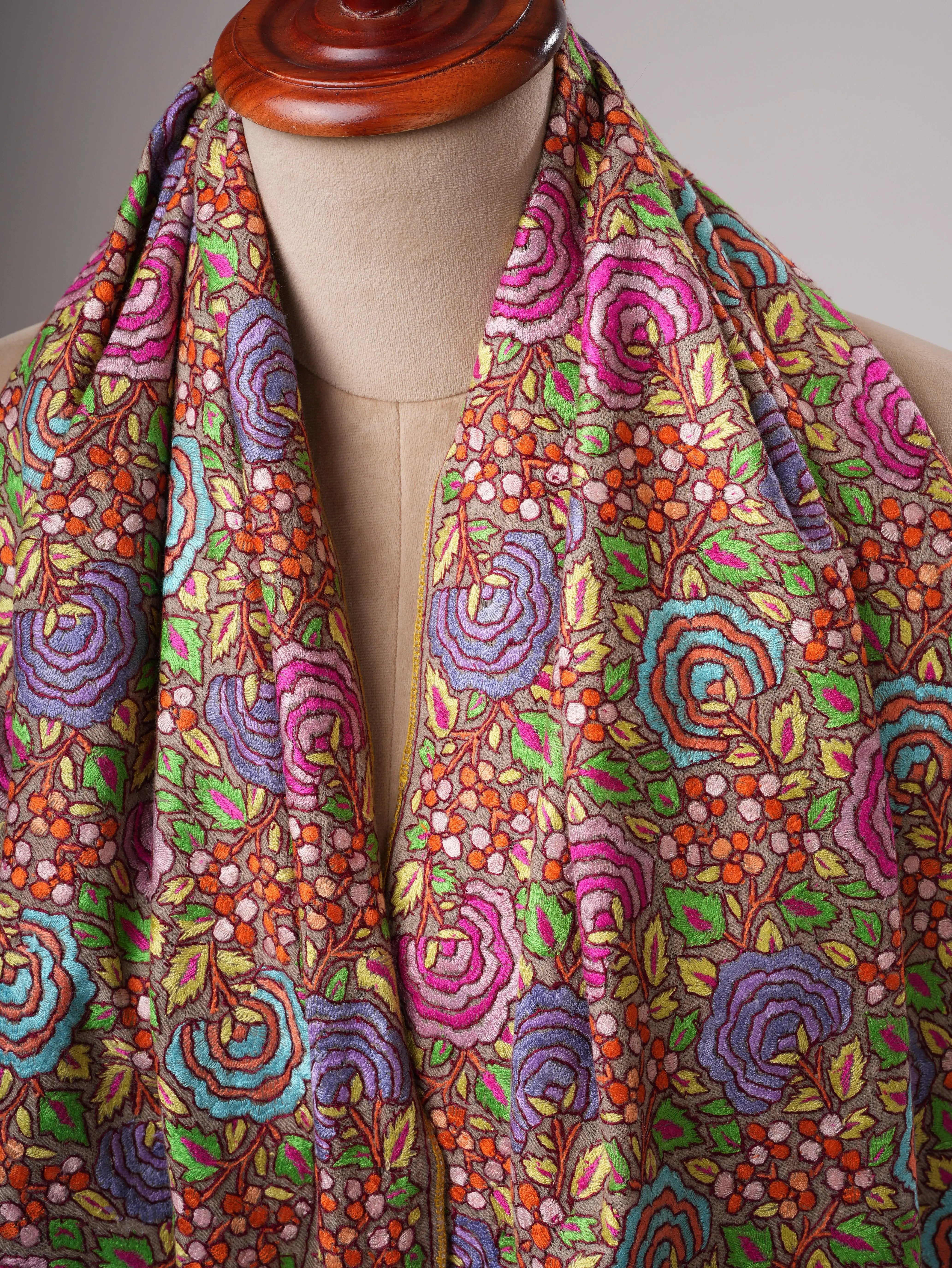 Natural Grey Pashmina Shawl with Floral Papier Mâché Hand Embroidery Shahkaar