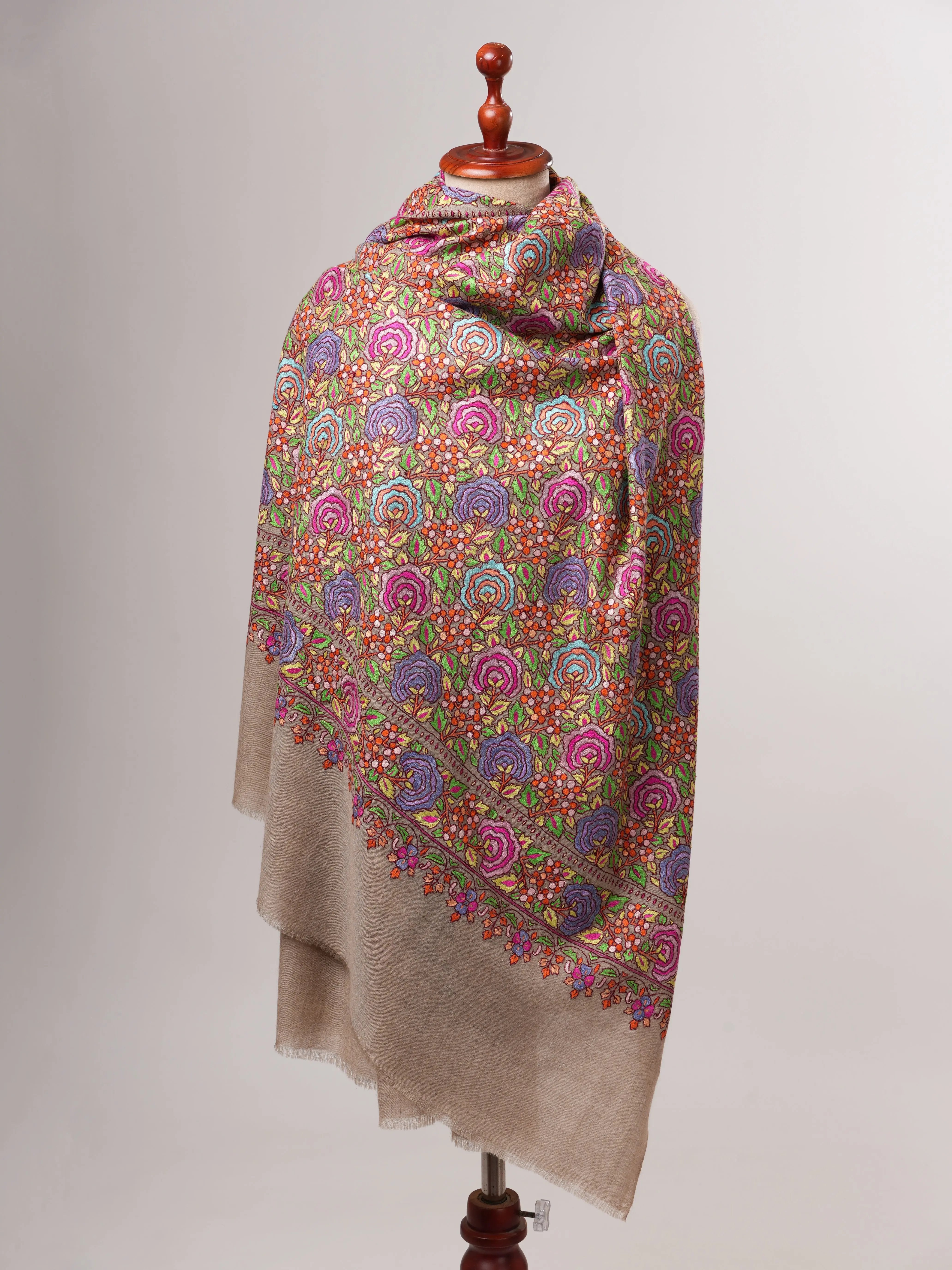 Natural Grey Pashmina Shawl with Floral Papier Mâché Hand Embroidery Shahkaar