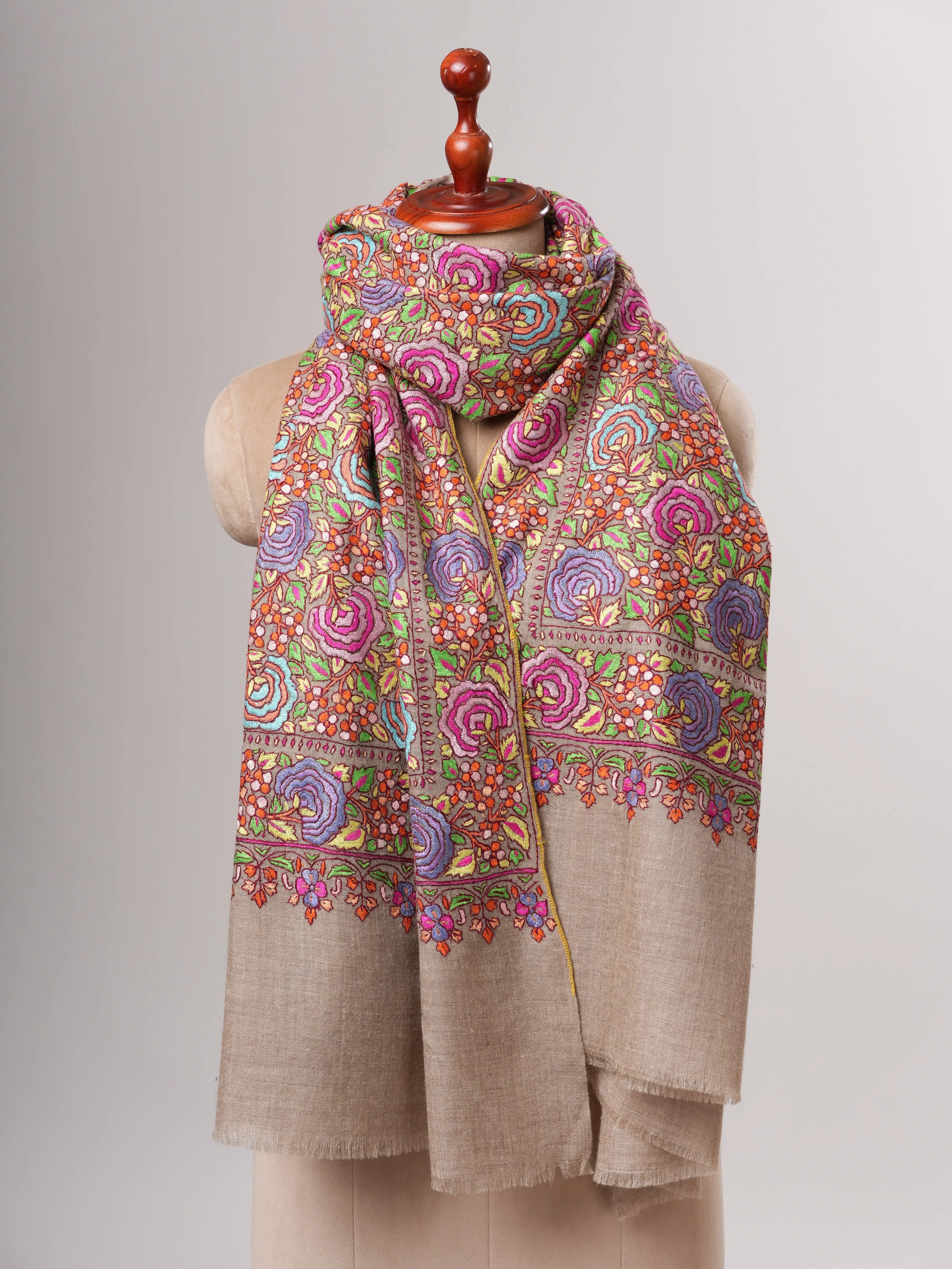 Natural Grey Pashmina Shawl with Floral Papier Mâché Hand Embroidery Shahkaar