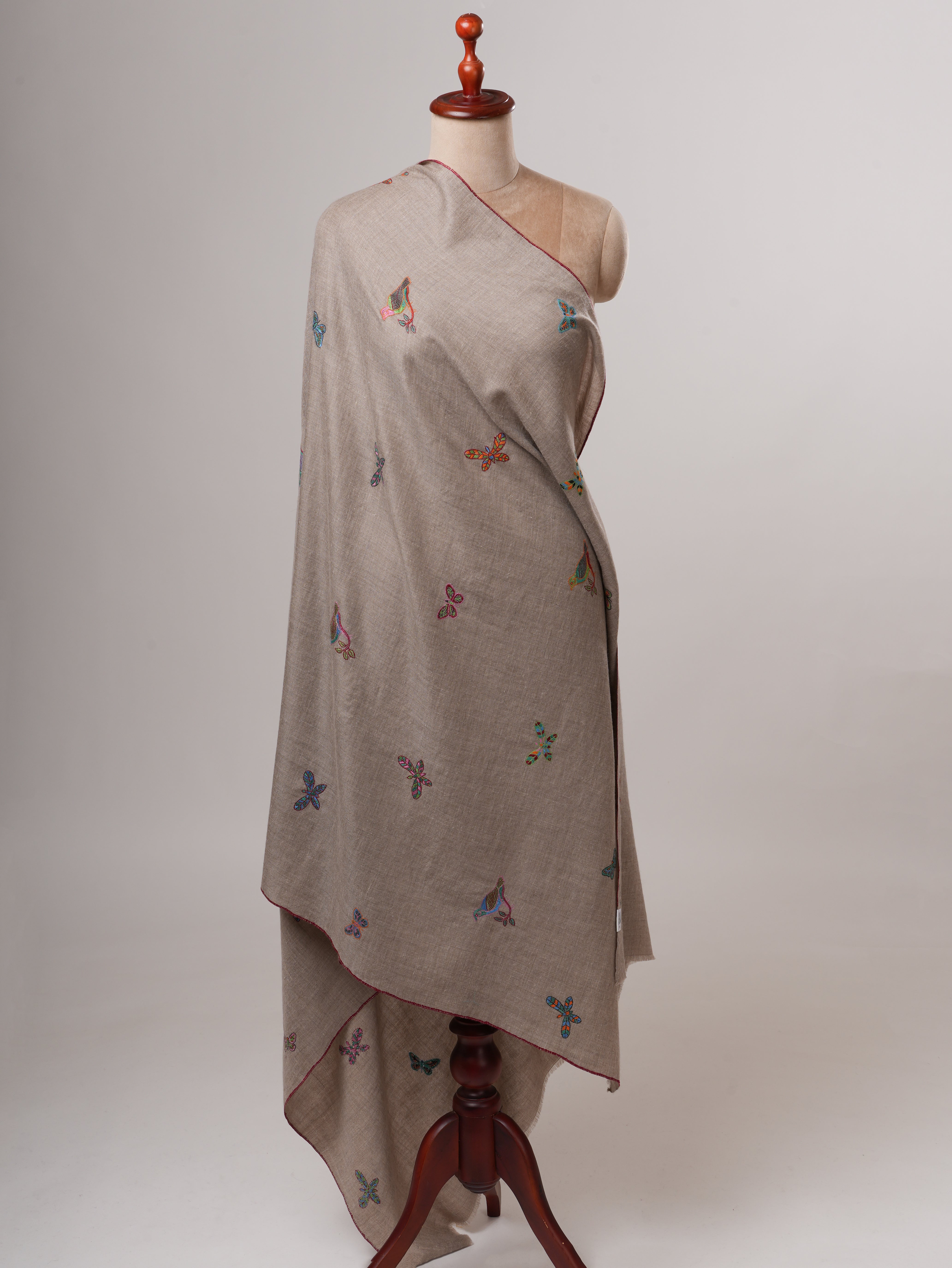 Handwoven Baby Soft Pashmina Shawl with Butterfly Sparrow Embroidery Shahkaar