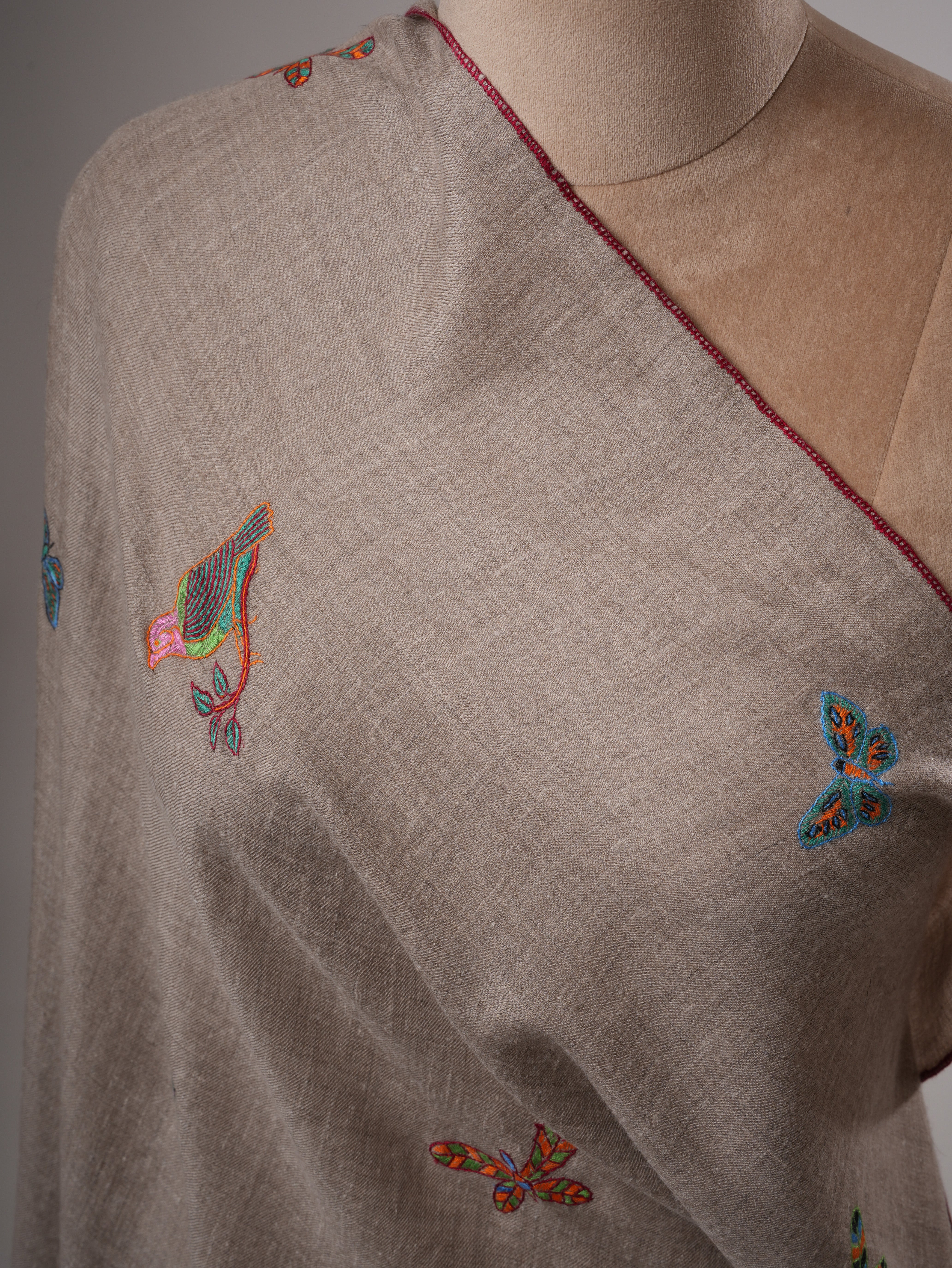 Handwoven Baby Soft Pashmina Shawl with Butterfly Sparrow Embroidery Shahkaar