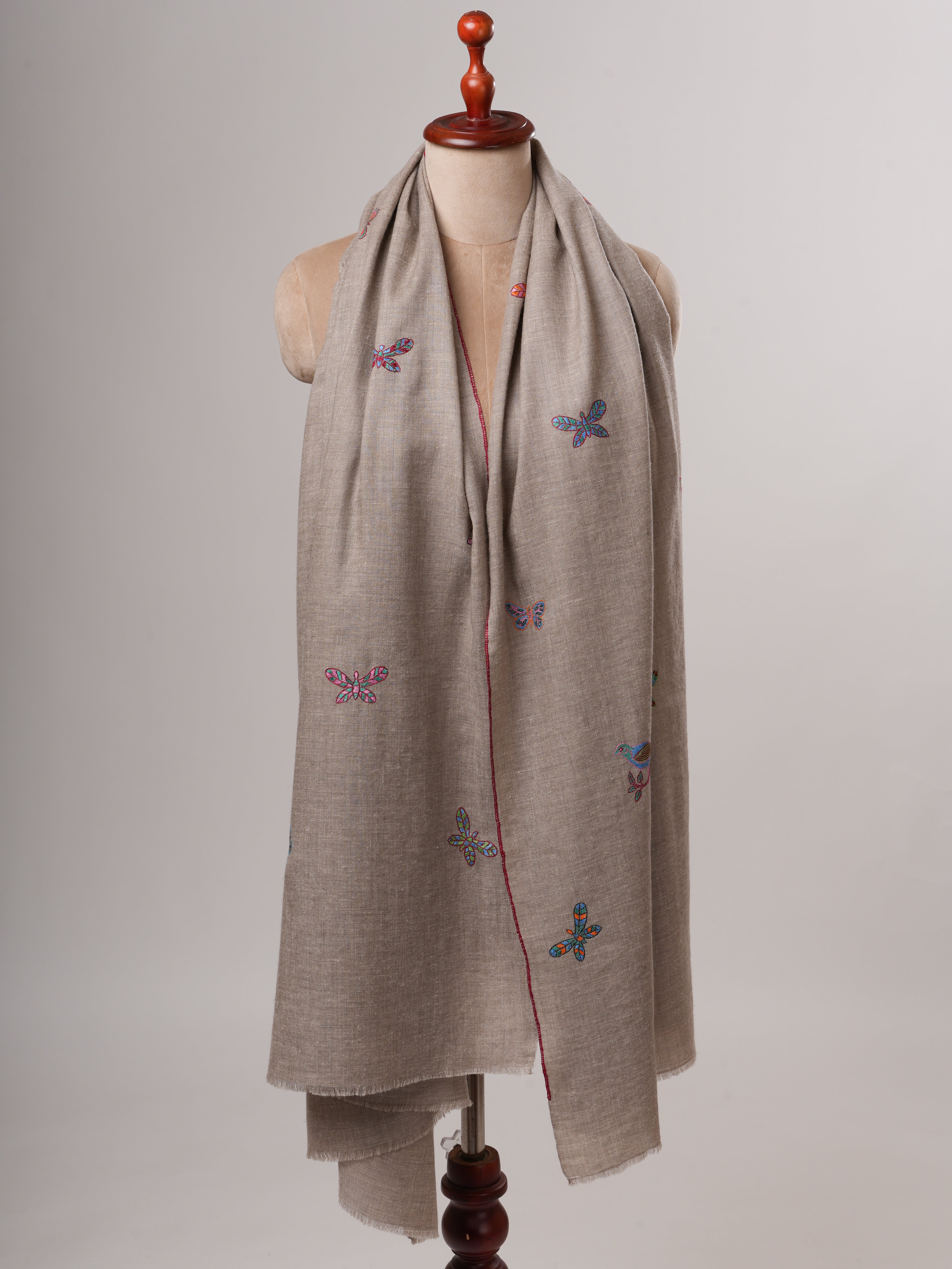 Handwoven Baby Soft Pashmina Shawl with Butterfly Sparrow Embroidery Shahkaar