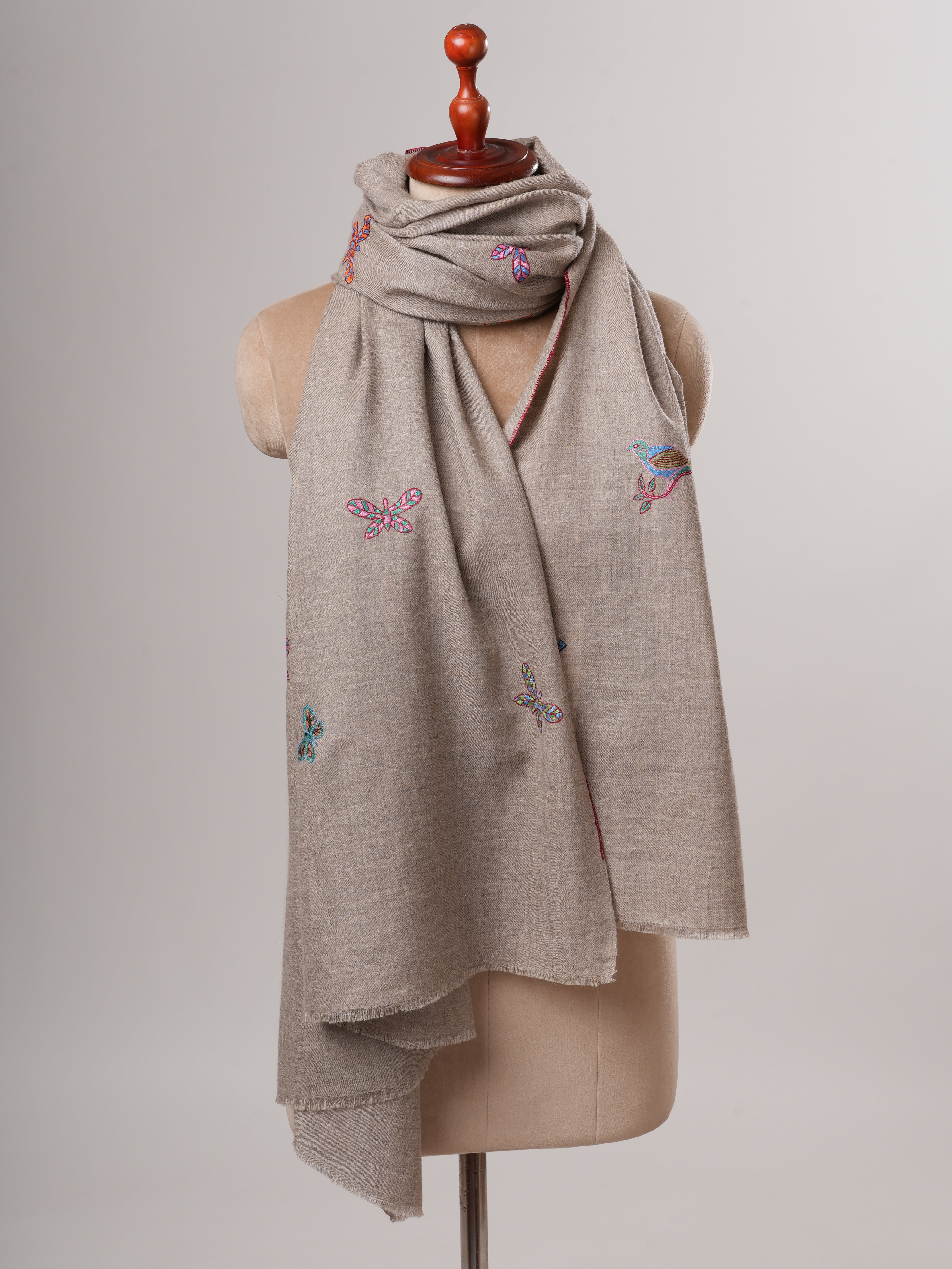 Handwoven Baby Soft Pashmina Shawl with Butterfly Sparrow Embroidery Shahkaar