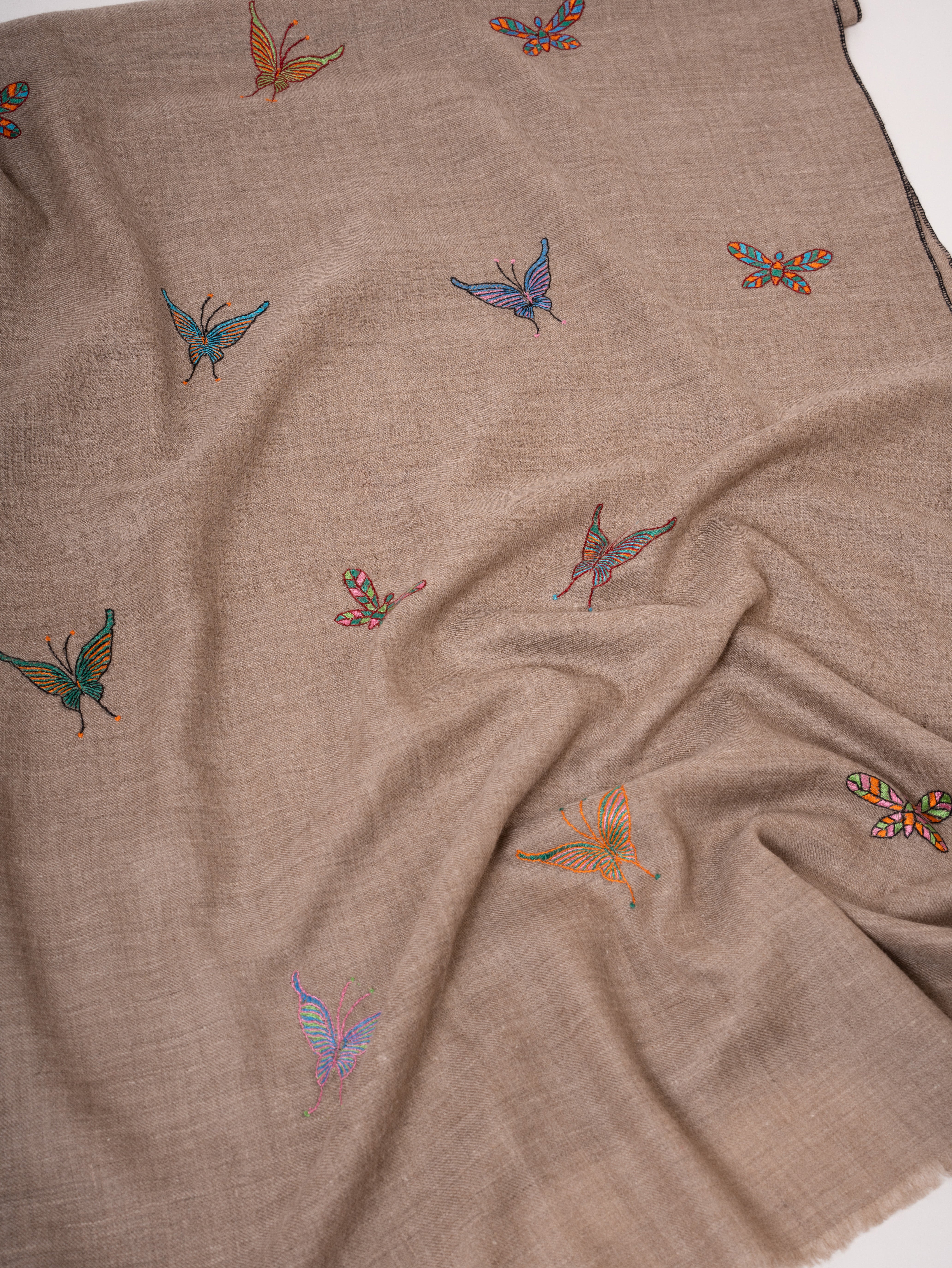 Natural Beige Handloomed Cashmere Scarf All Over Butterfly Embroidery Shahkaar