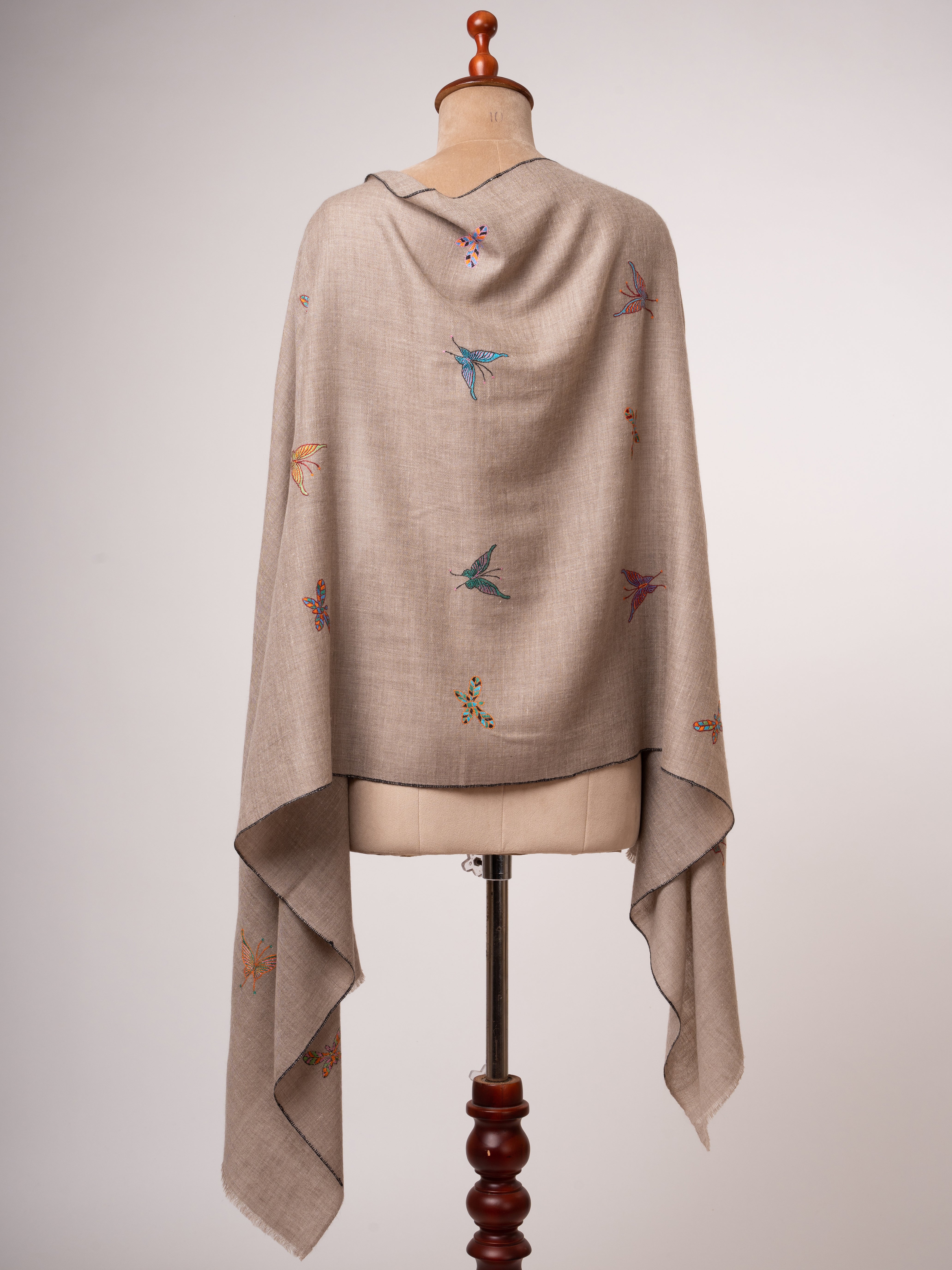 Natural Beige Handloomed Cashmere Scarf All Over Butterfly Embroidery Shahkaar