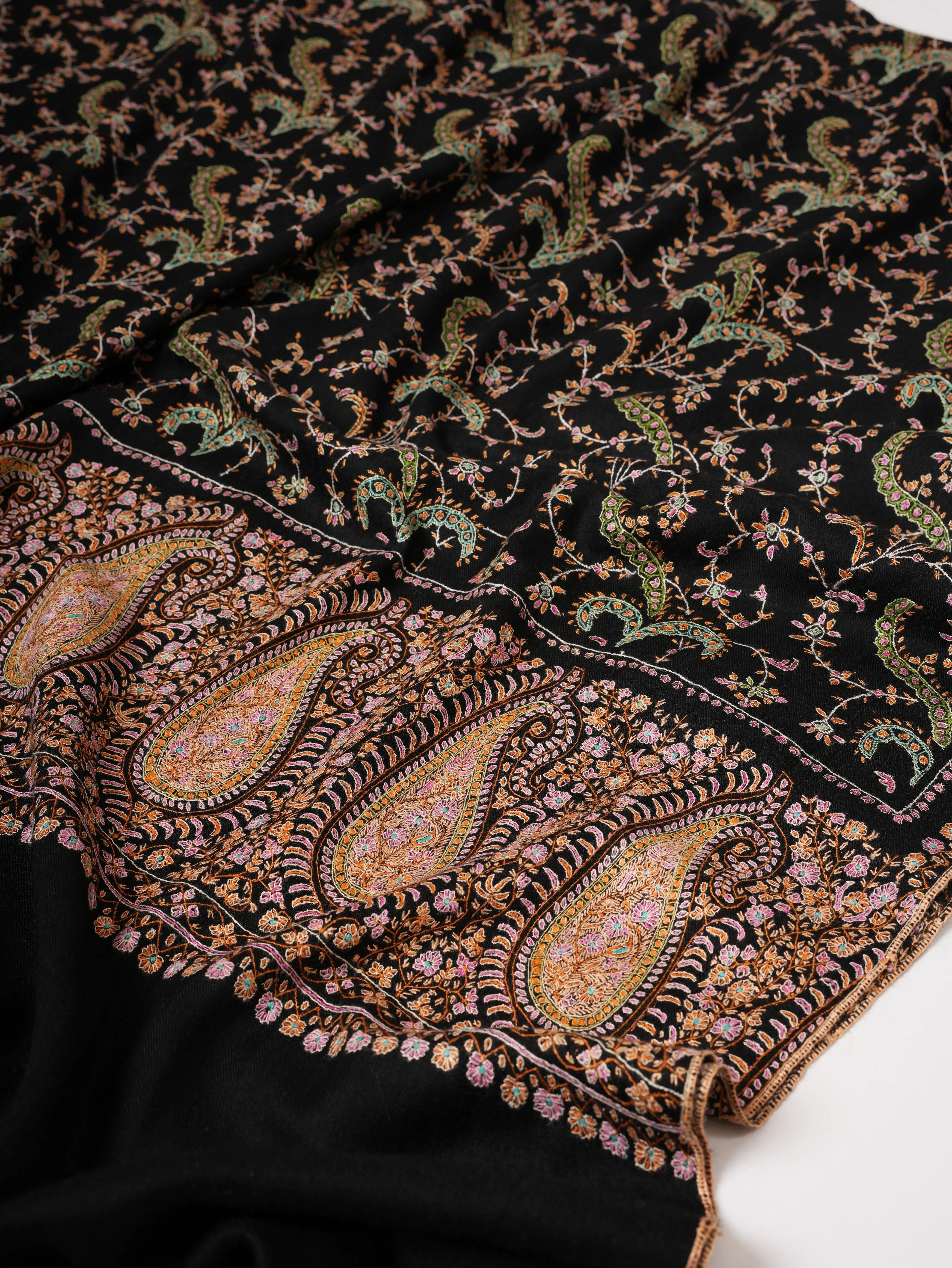 Black Artisanal Pashmina Shawl with Delicate Hand Embroidery Shahkaar