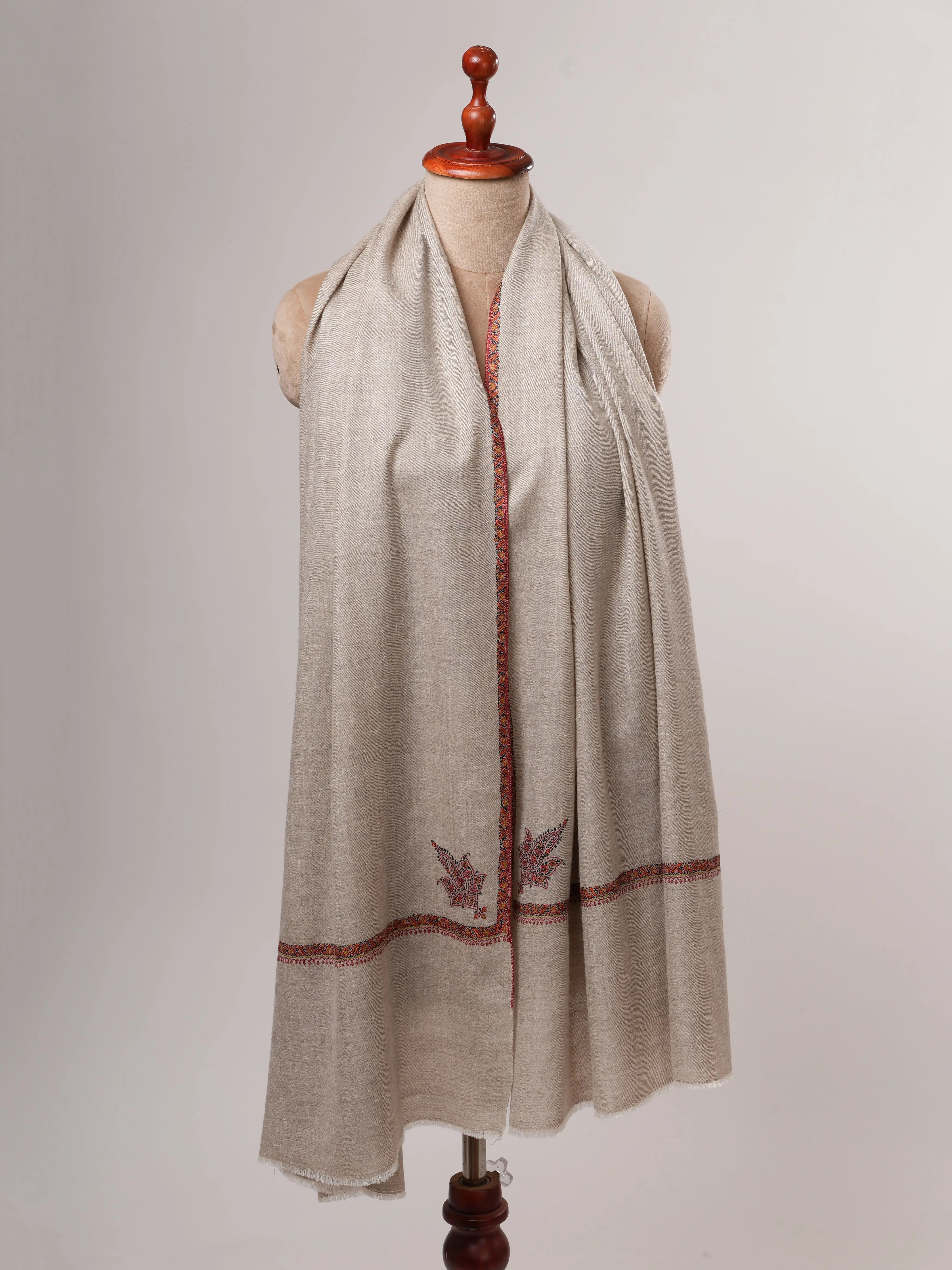 Grey Bail Hand Embroidered Kashmiri Pashmina Shawl – Soft Elegant Wrap Shahkaar