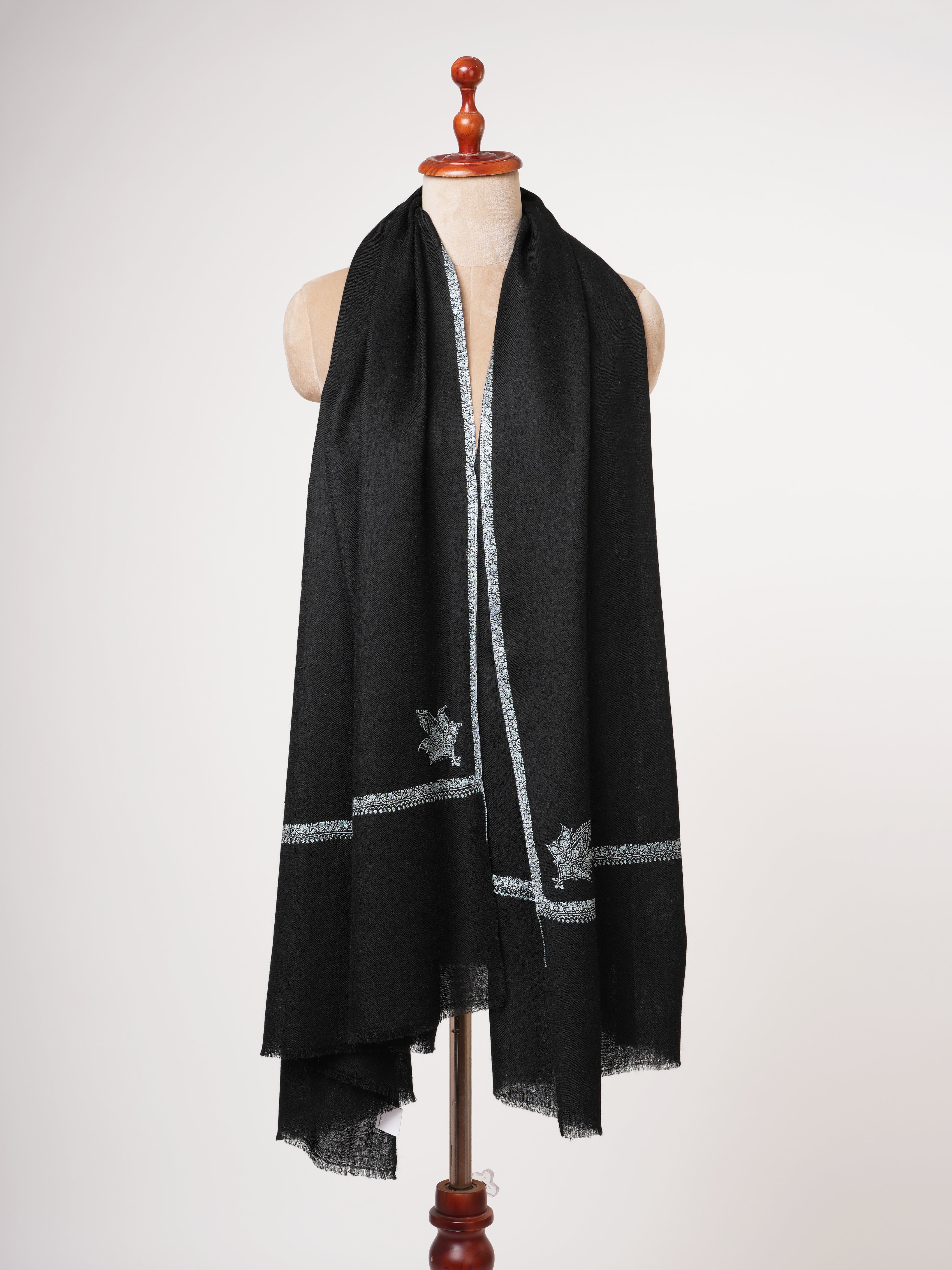 Black Kashmiri Pashmina Shawl with Bail Embroidery
