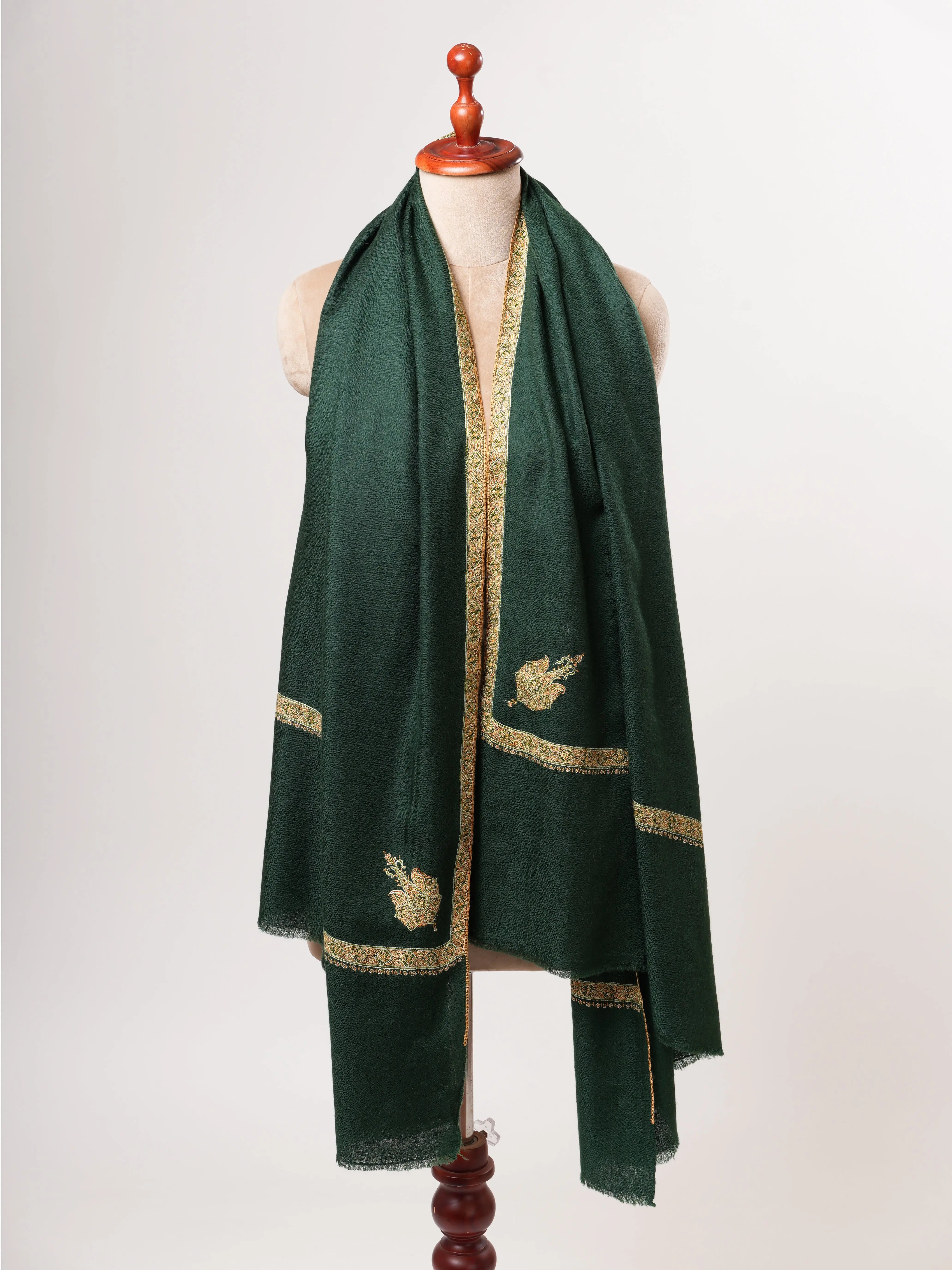 Dark Green Baby Soft Kashmiri Pashmina Shawl – Hand Embroidered Hashia Border Shahkaar