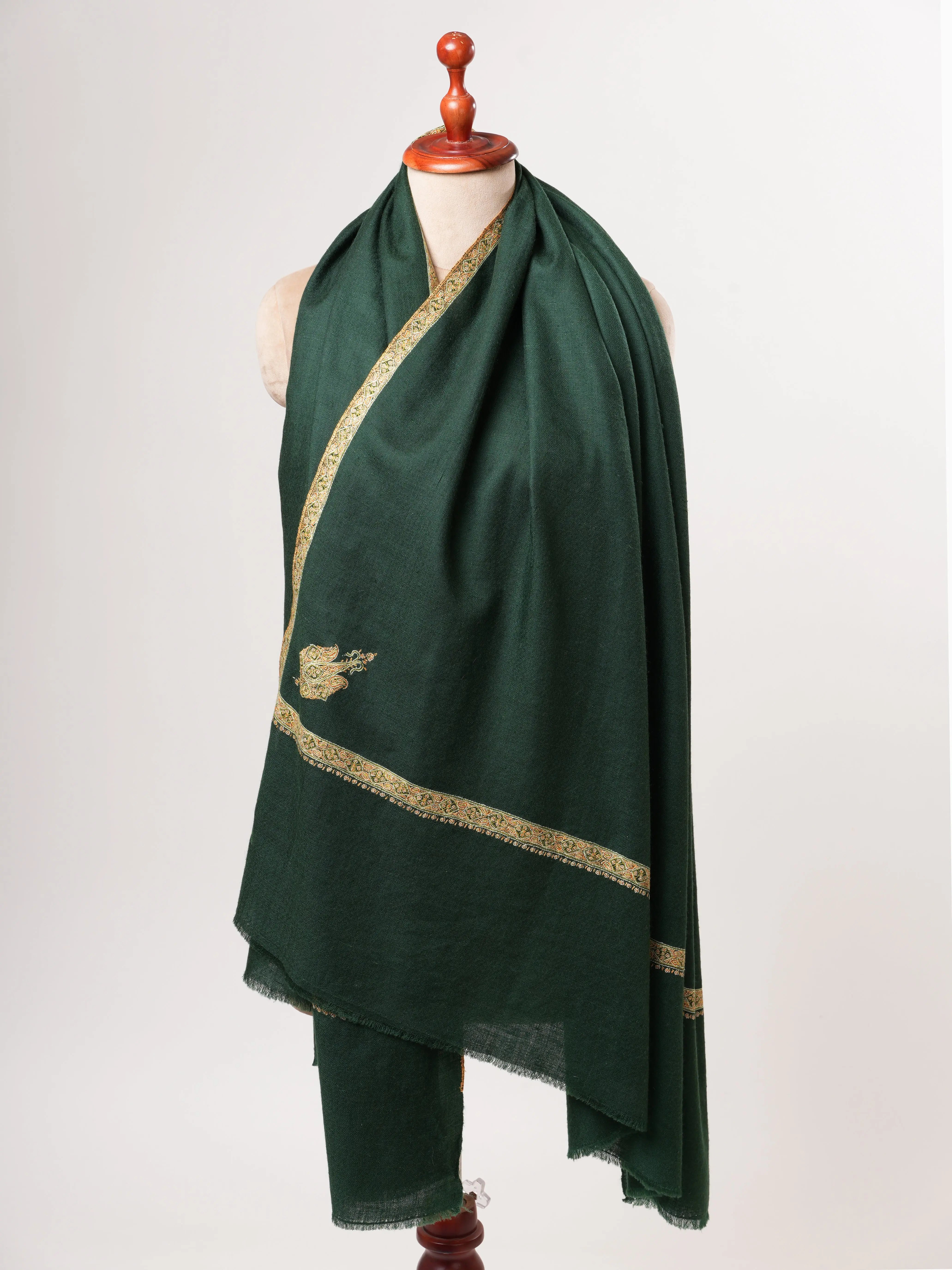 Dark Green Baby Soft Kashmiri Pashmina Shawl – Hand Embroidered Hashia Border Shahkaar