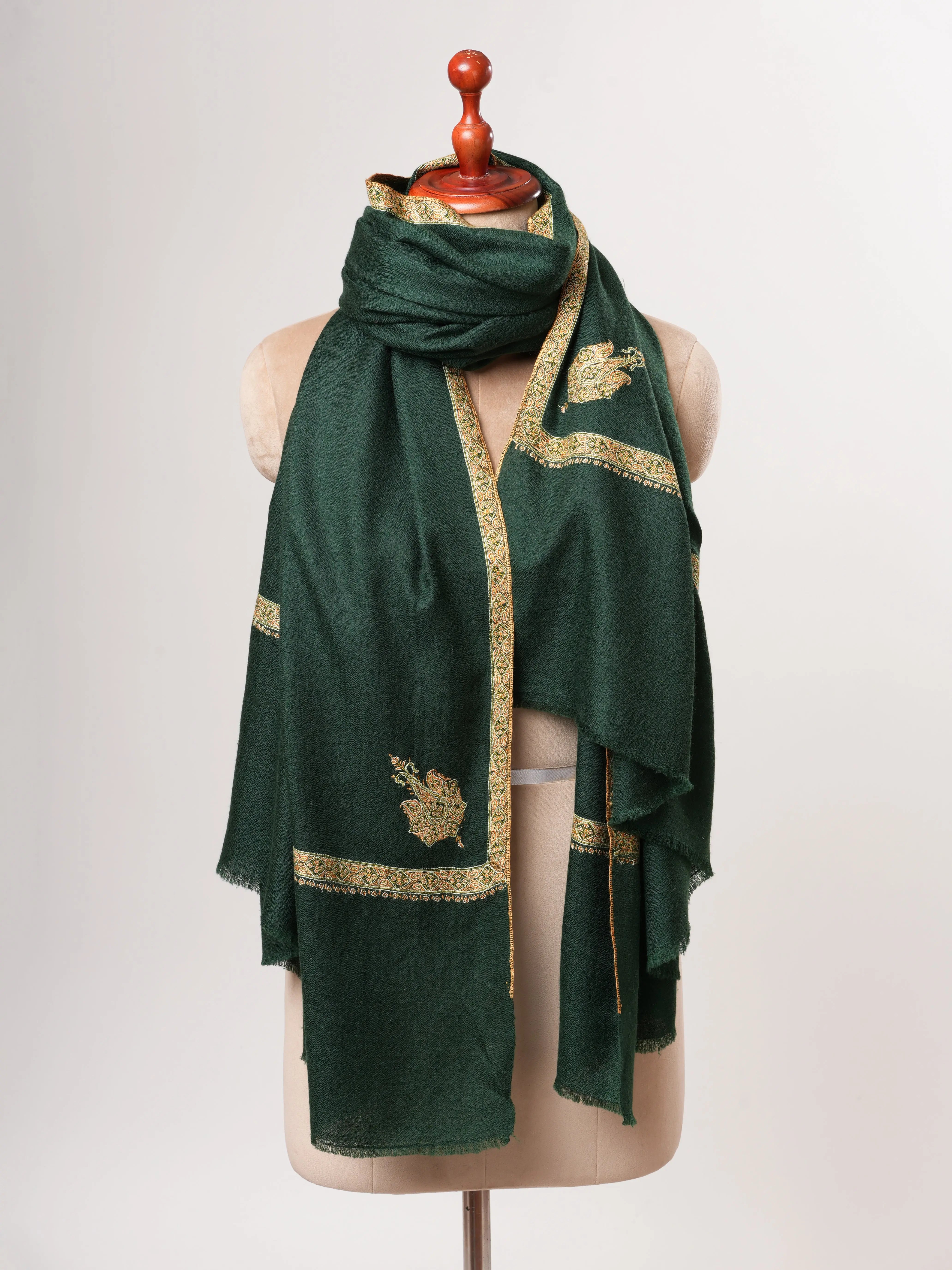 Dark Green Baby Soft Kashmiri Pashmina Shawl – Hand Embroidered Hashia Border Shahkaar