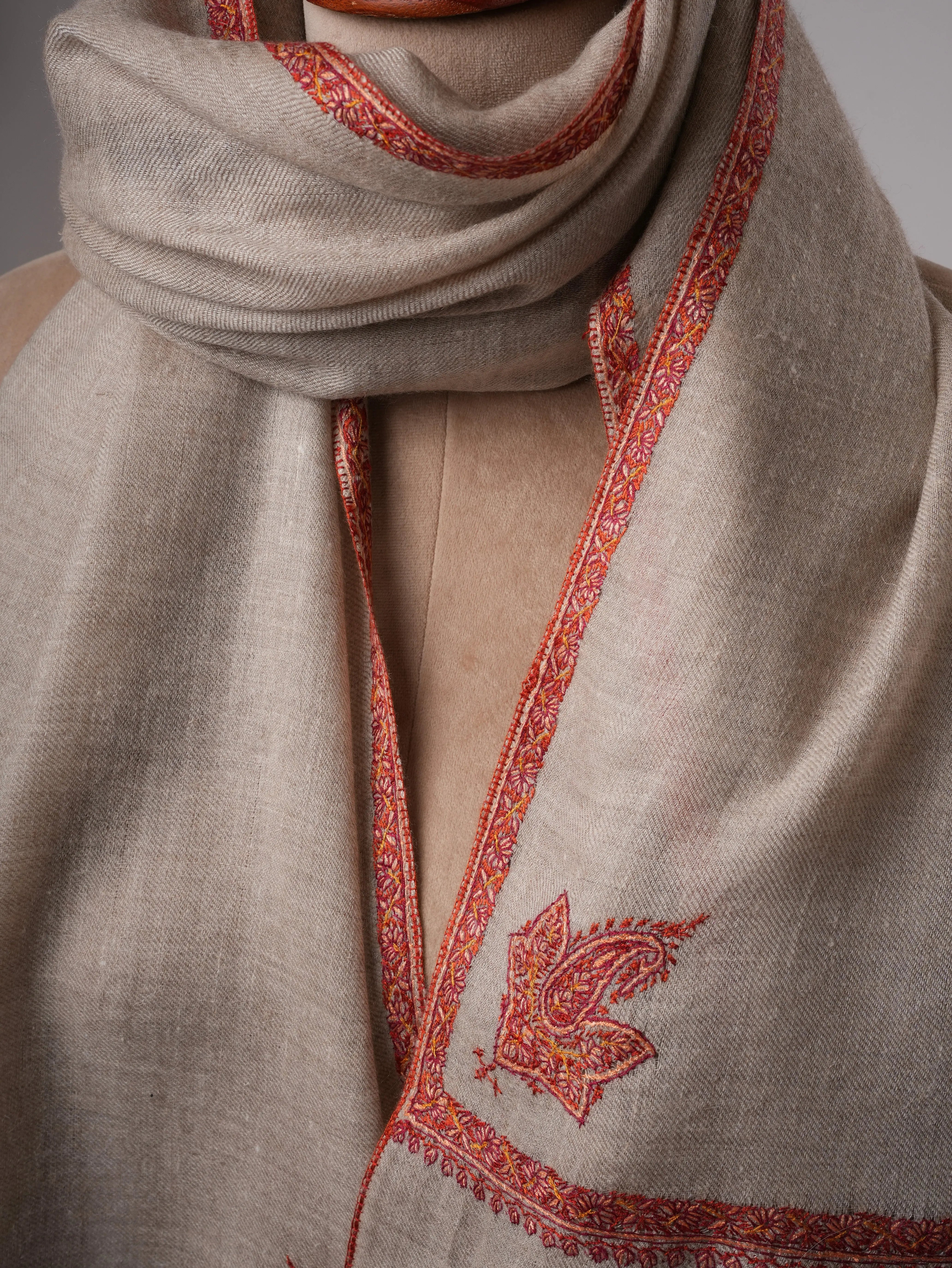 Handloomed Pashmina Shawl with Baildar Sozni Embroidery Shahkaar