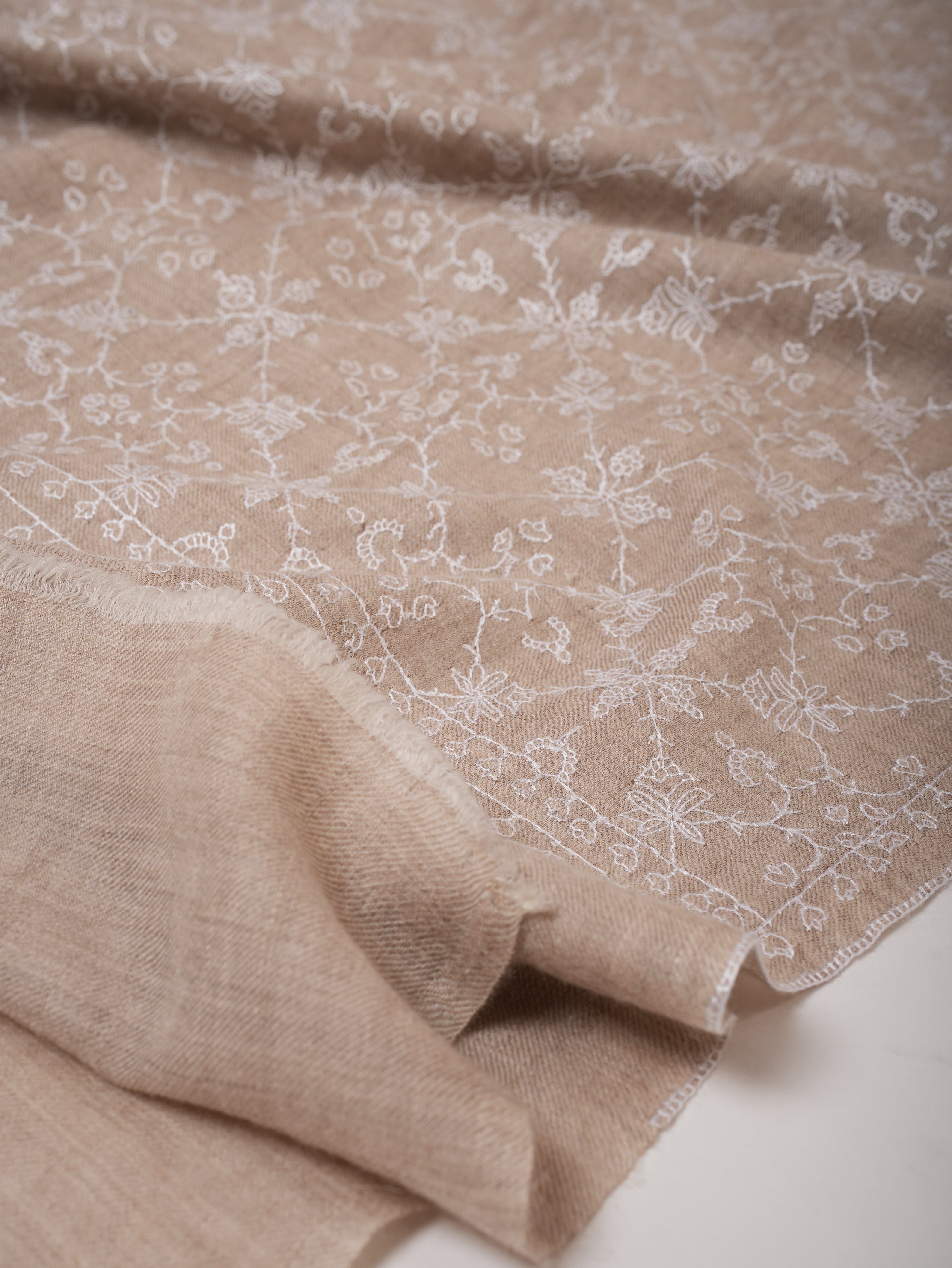 Beige Baby Soft Cashmere Scarf with White Sozni Embroidery