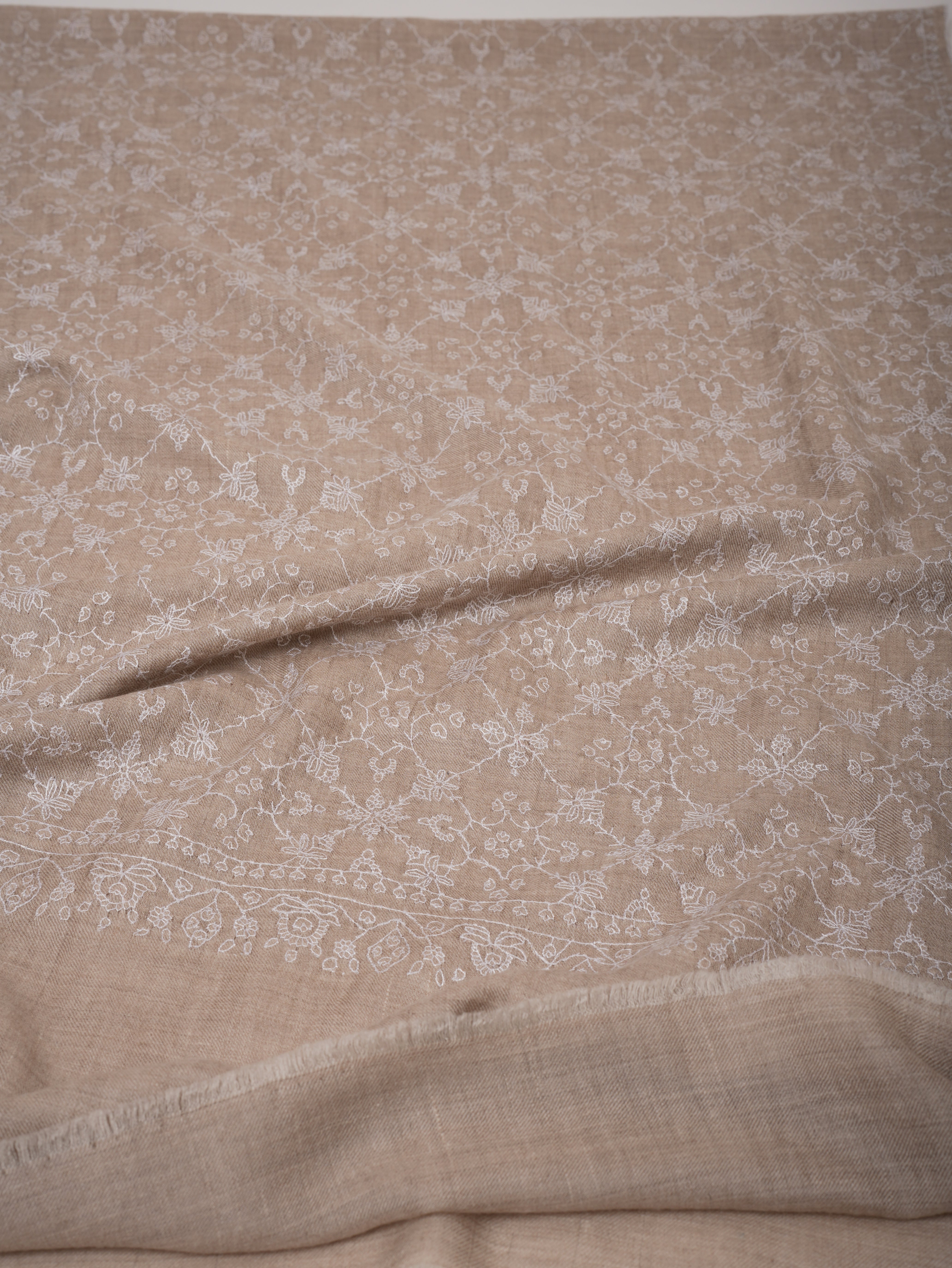 Beige Baby Soft Cashmere Scarf with White Sozni Embroidery