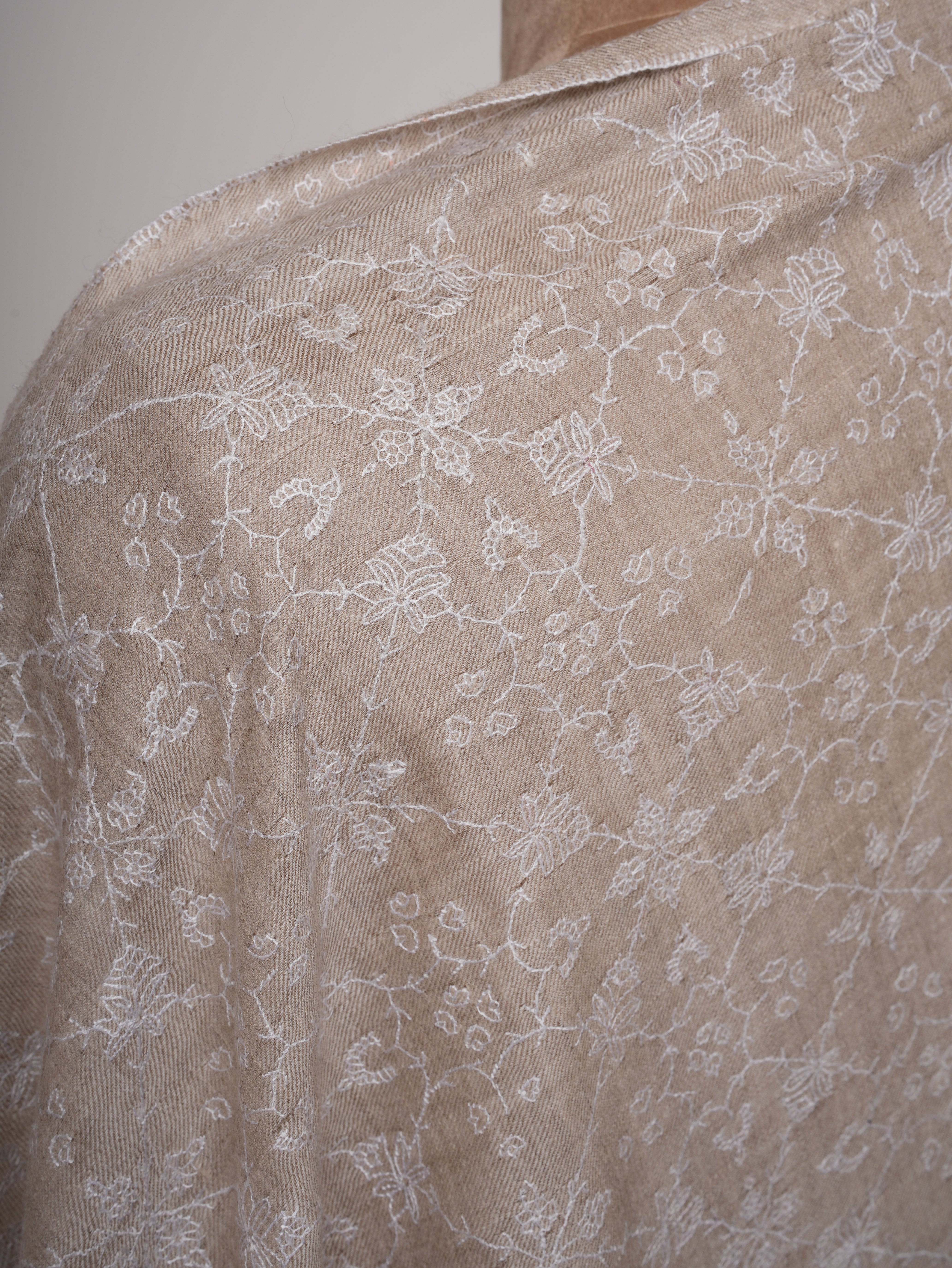 Beige Baby Soft Cashmere Scarf with White Sozni Embroidery