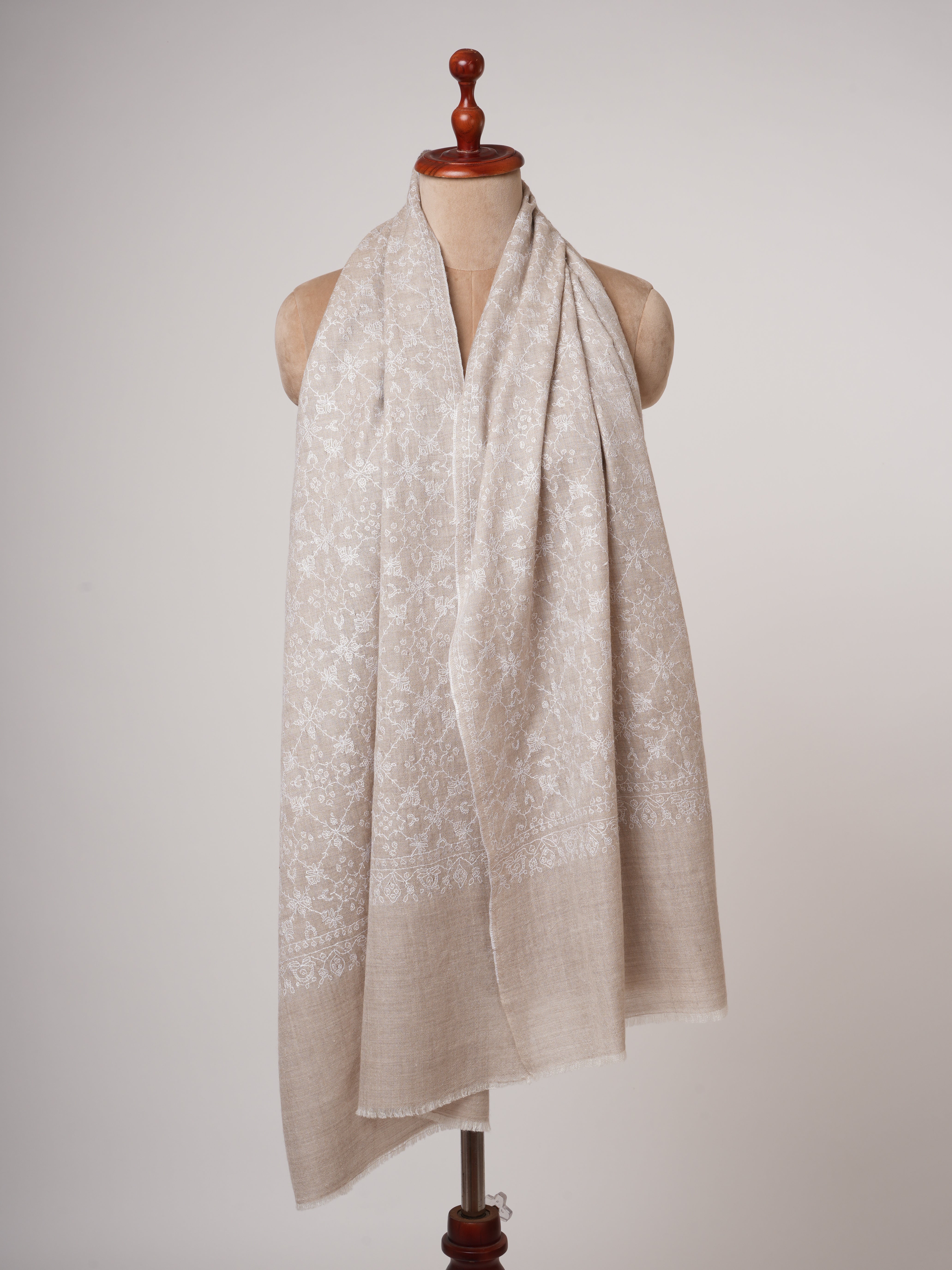 Beige Baby Soft Cashmere Scarf with White Sozni Embroidery