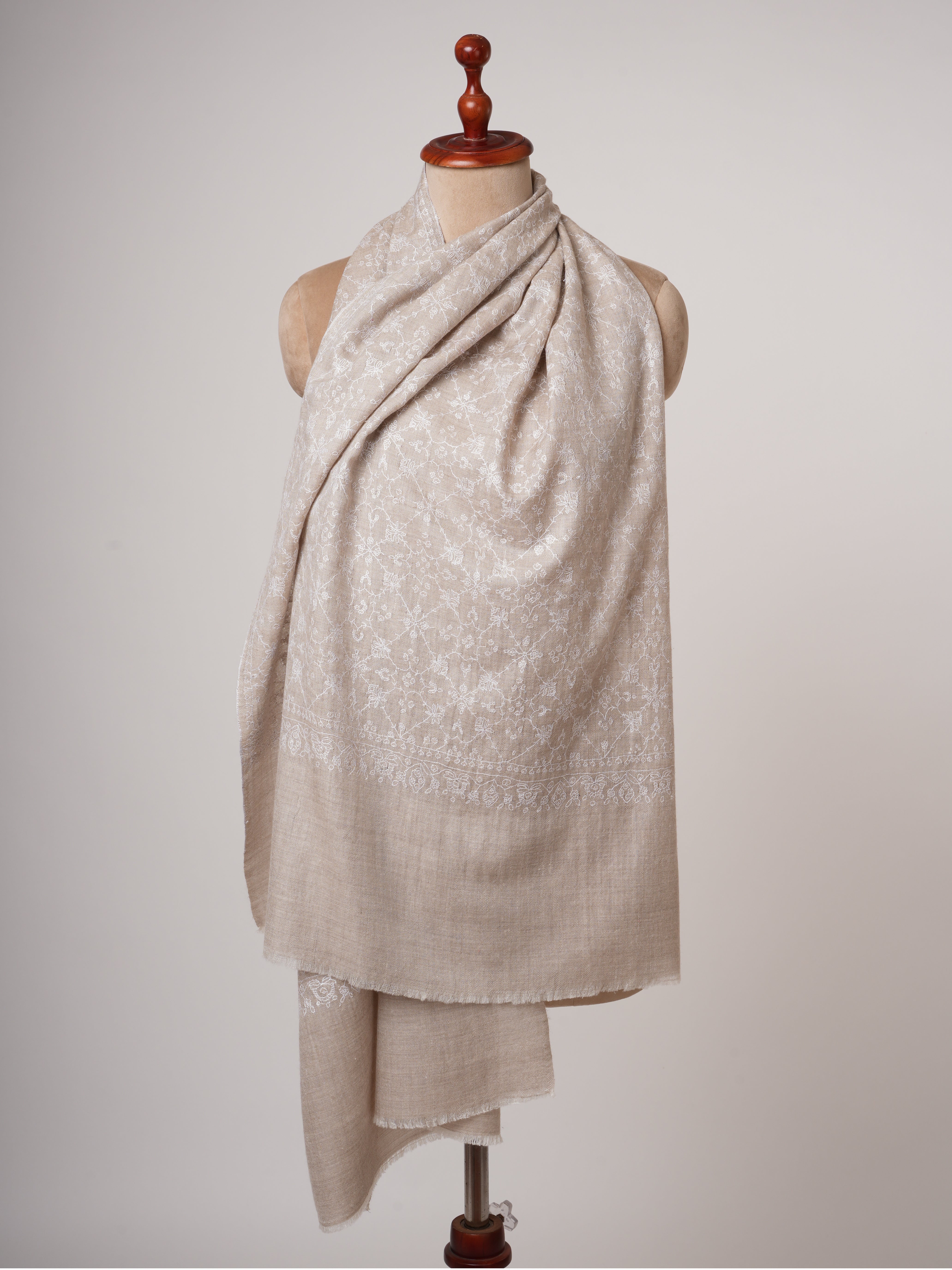 Beige Baby Soft Cashmere Scarf with White Sozni Embroidery