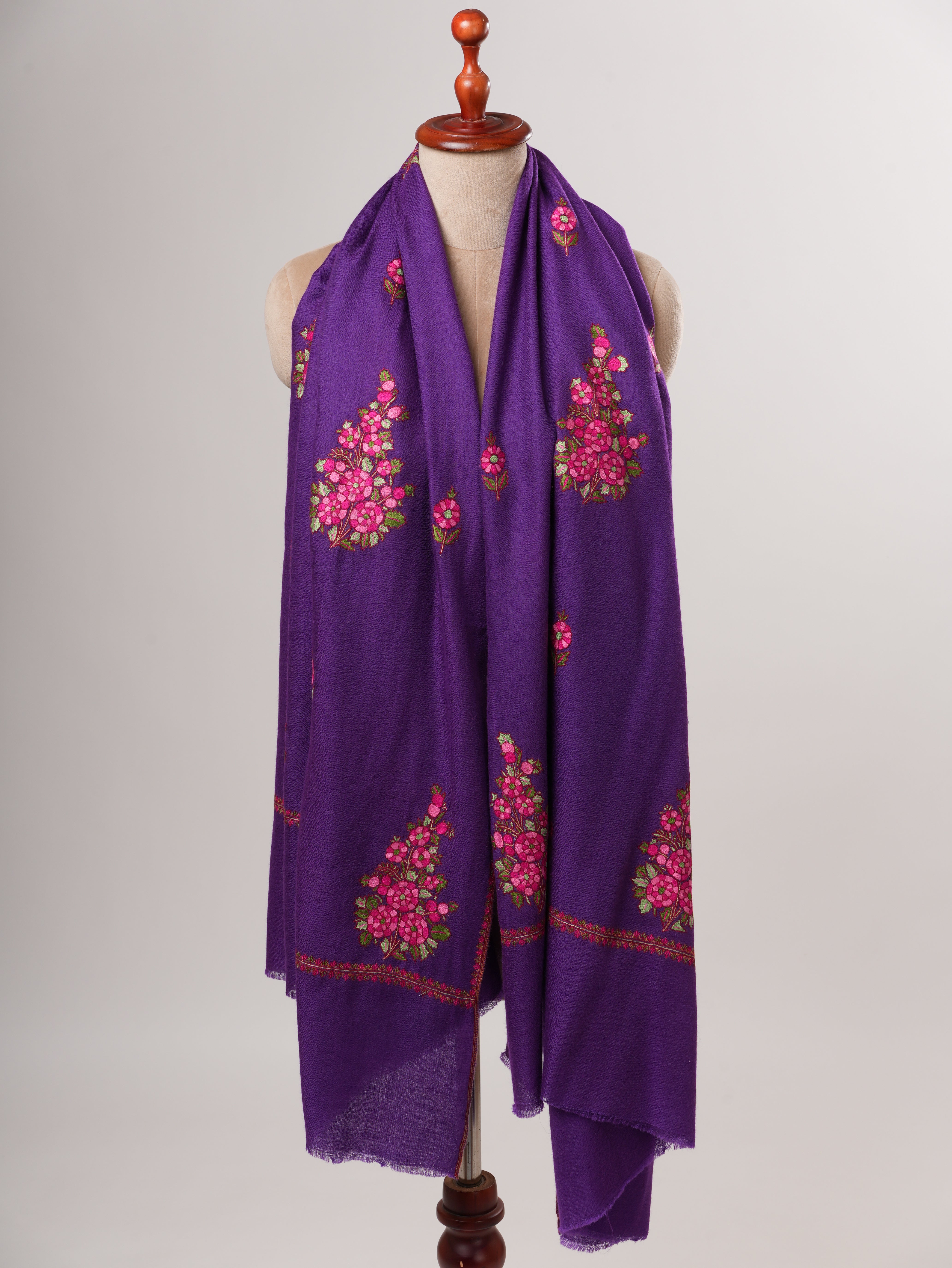 Purple Kashmiri Pashmina Shawl with Hand Embroidered Buteh Motifs Shahkaar