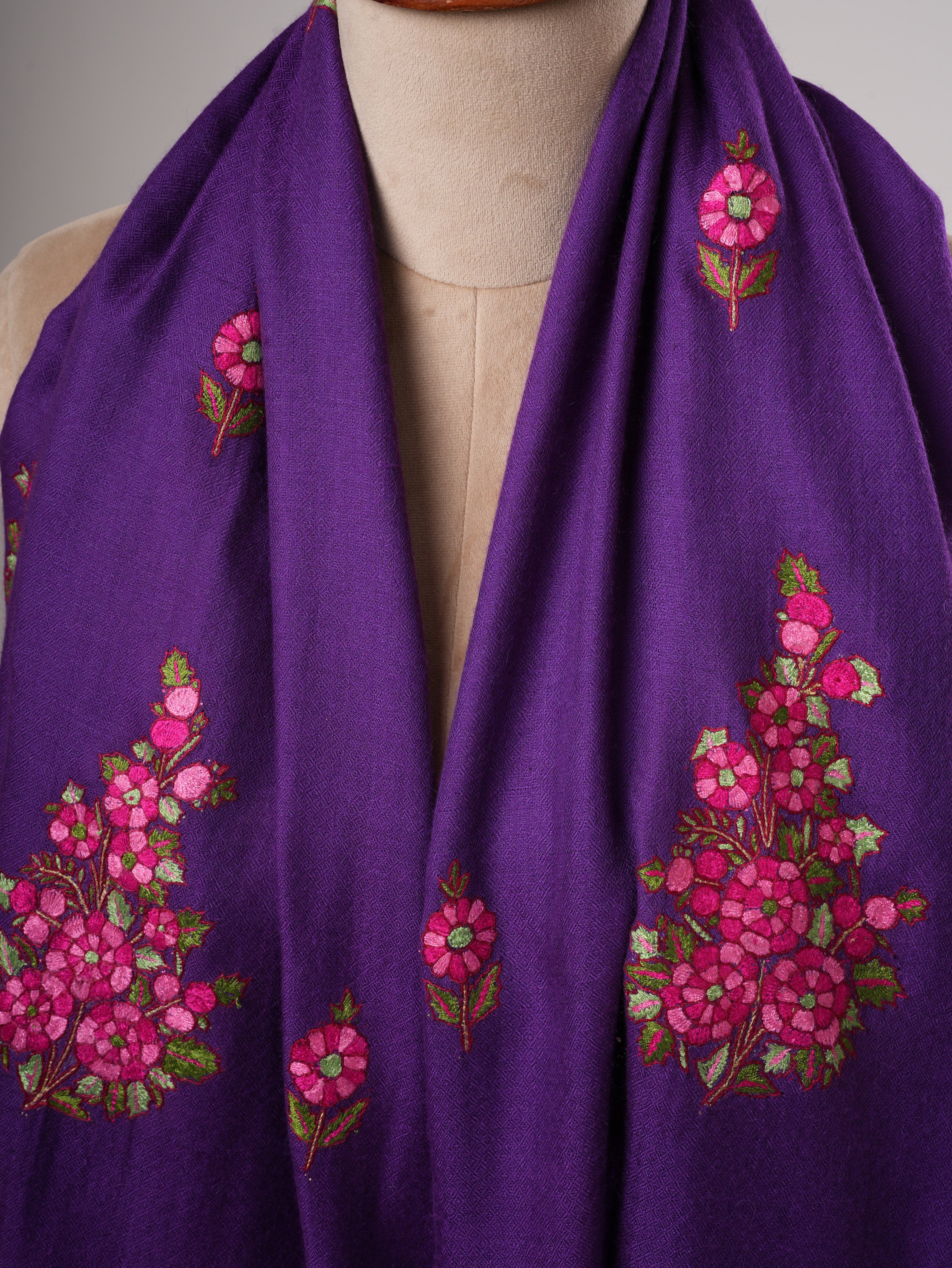 Purple Kashmiri Pashmina Shawl with Hand Embroidered Buteh Motifs Shahkaar