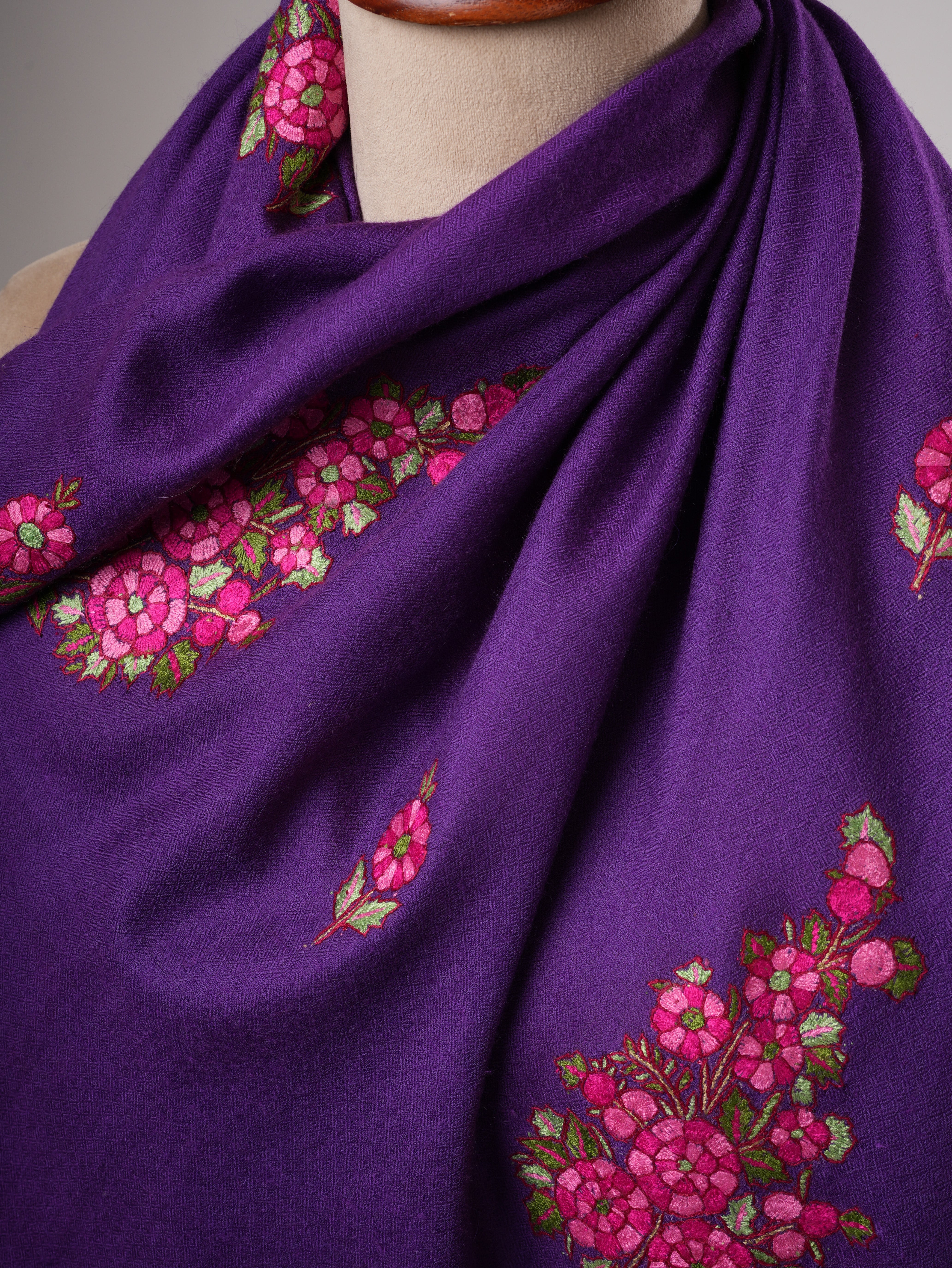 Purple Kashmiri Pashmina Shawl with Hand Embroidered Buteh Motifs Shahkaar