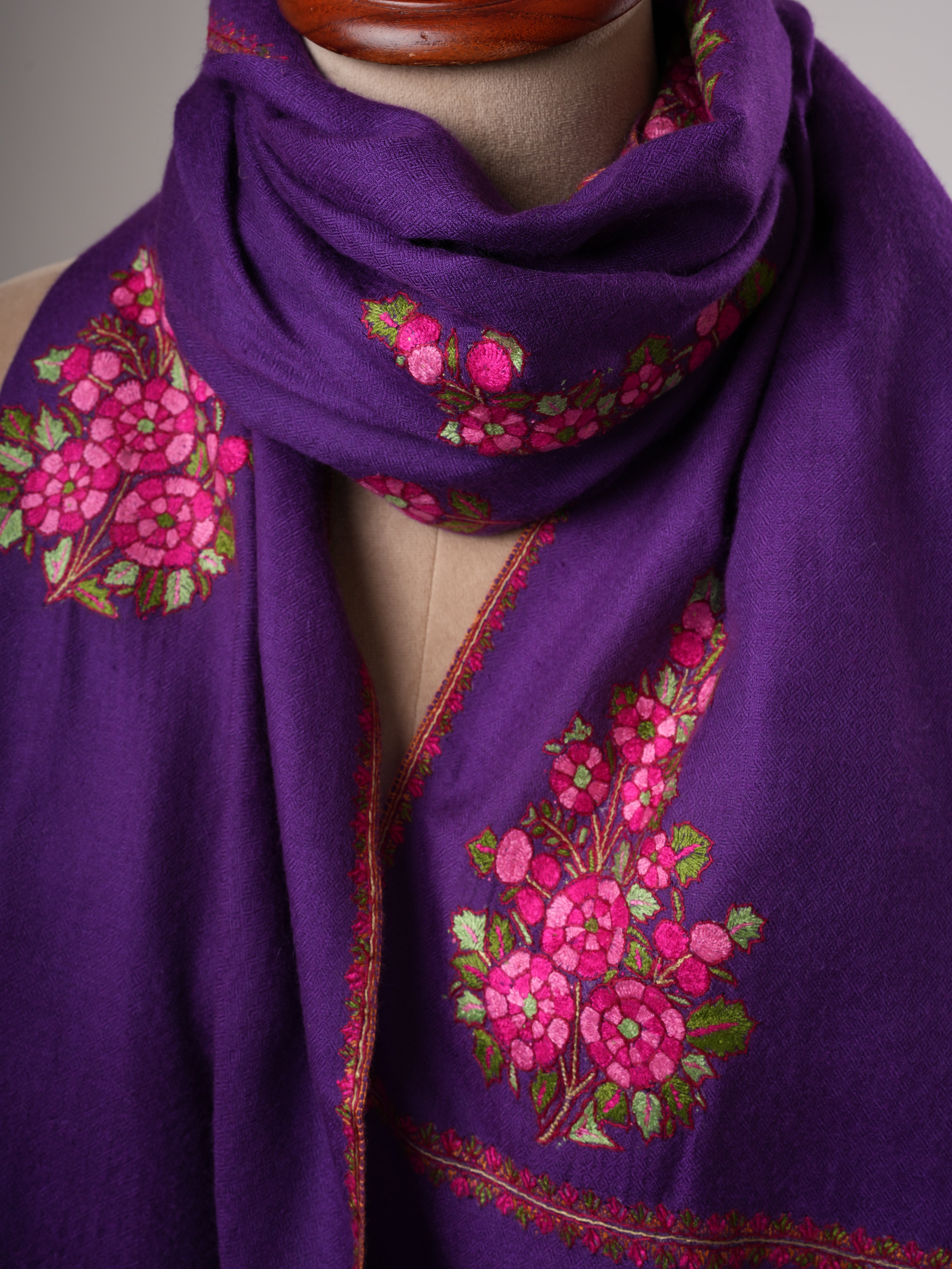 Purple Kashmiri Pashmina Shawl with Hand Embroidered Buteh Motifs Shahkaar