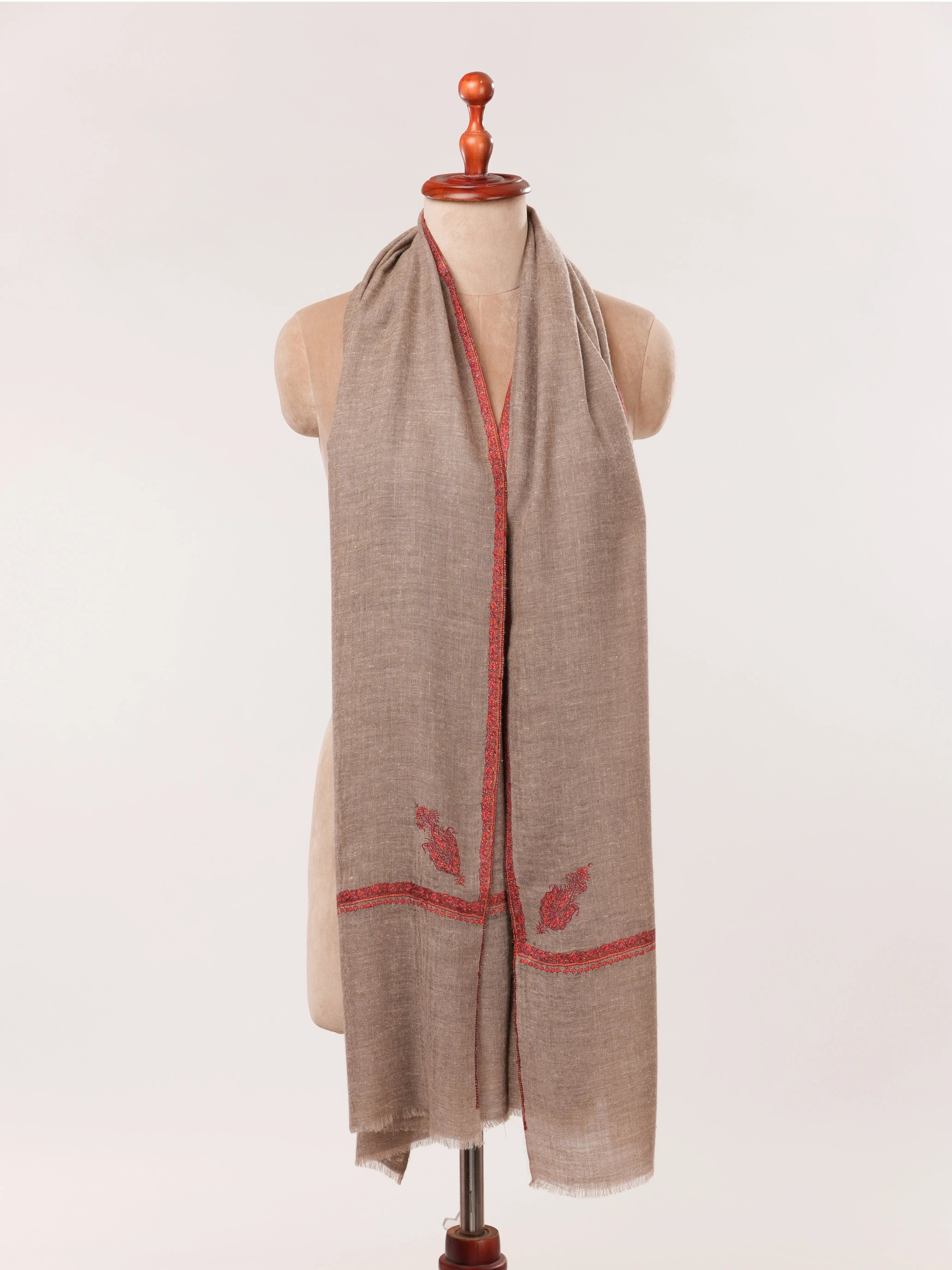 Rare Dark Taupe Baby Soft Cashmere Scarf with Hand Embroidery Shahkaar.com