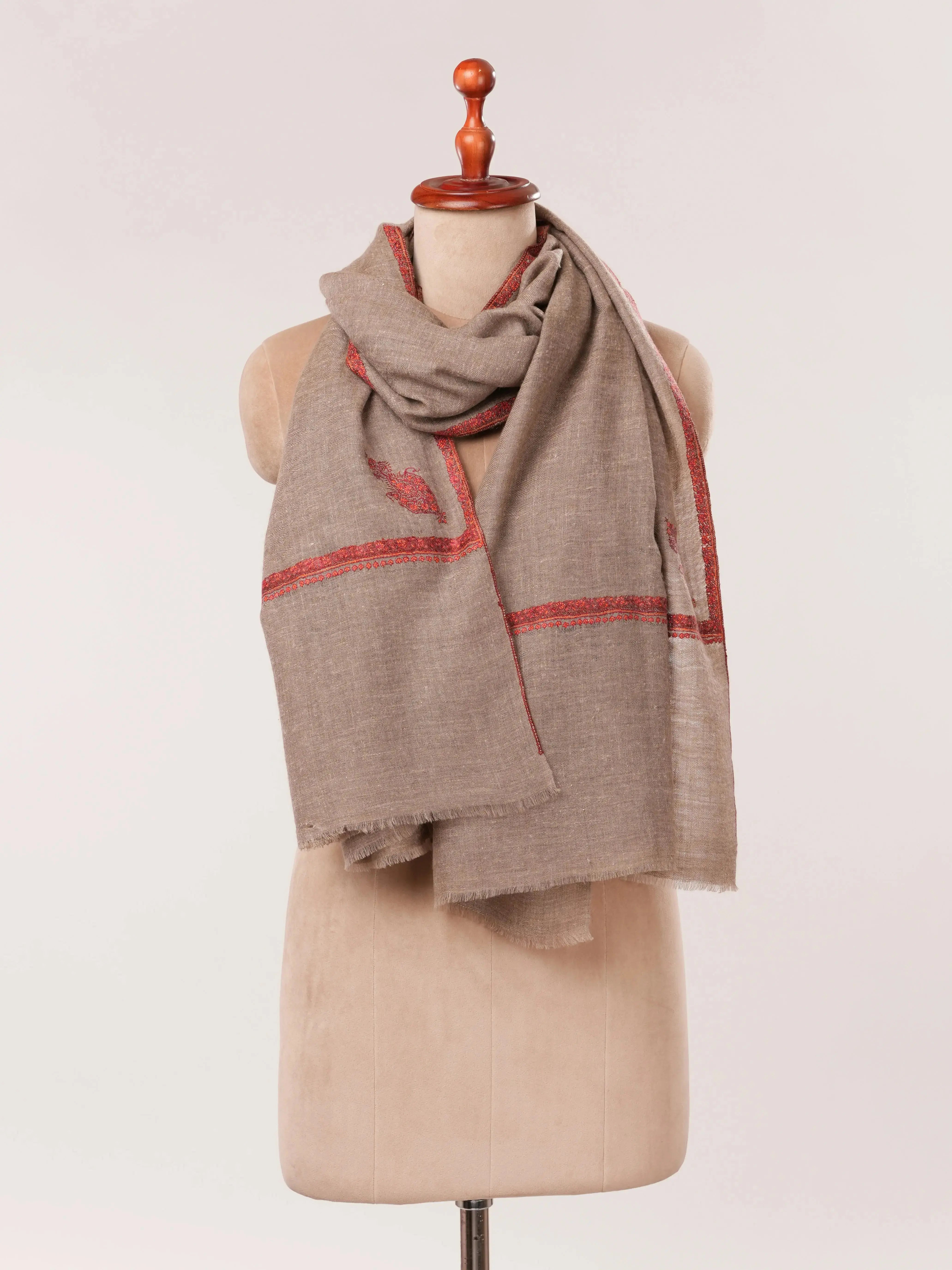 Rare Dark Taupe Baby Soft Cashmere Scarf with Hand Embroidery Shahkaar.com