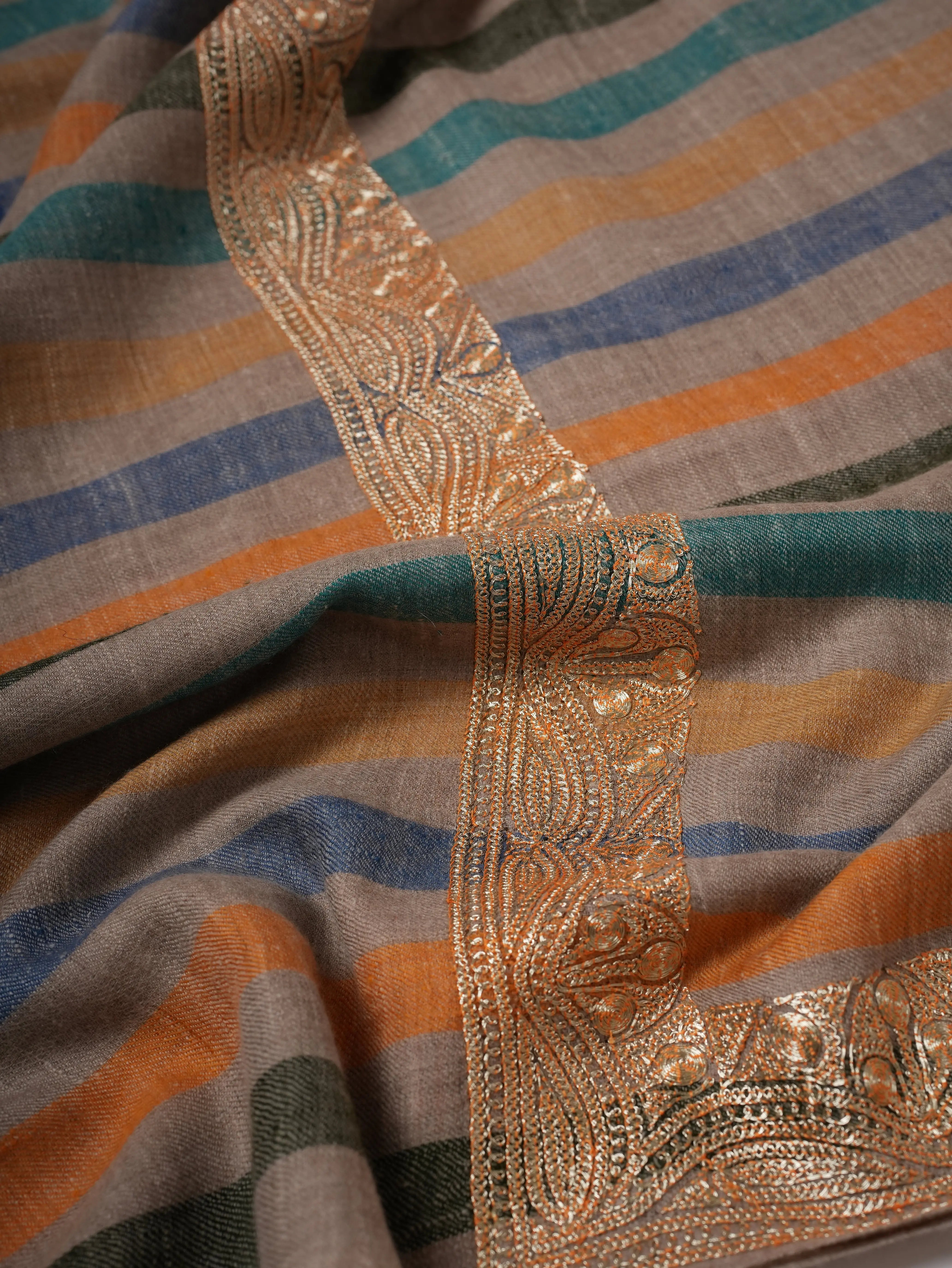 Stripe Pashmina Shawl with Gold Tilla Daurdar Embroidery Shahkaar