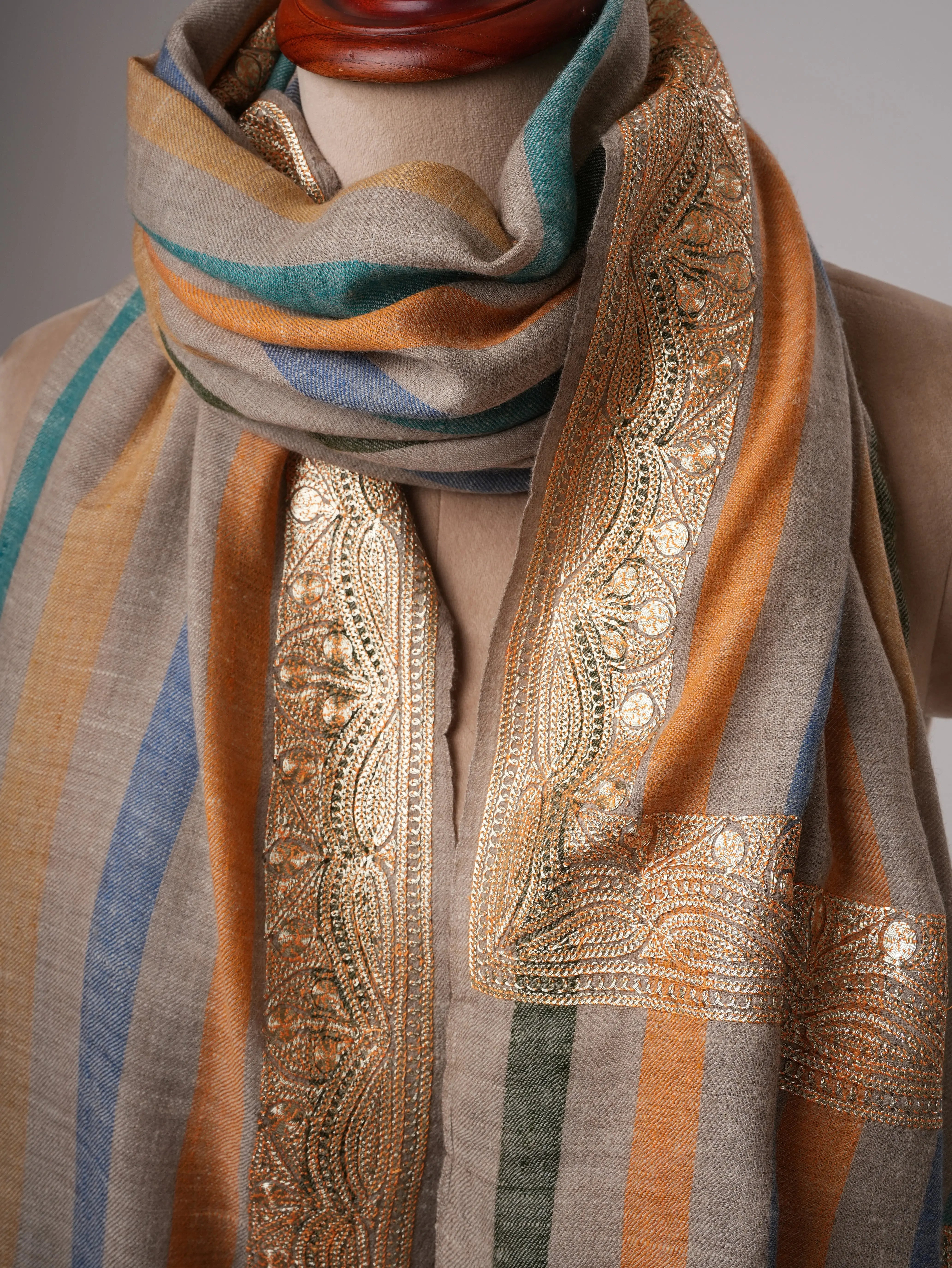 Stripe Pashmina Shawl with Gold Tilla Daurdar Embroidery Shahkaar