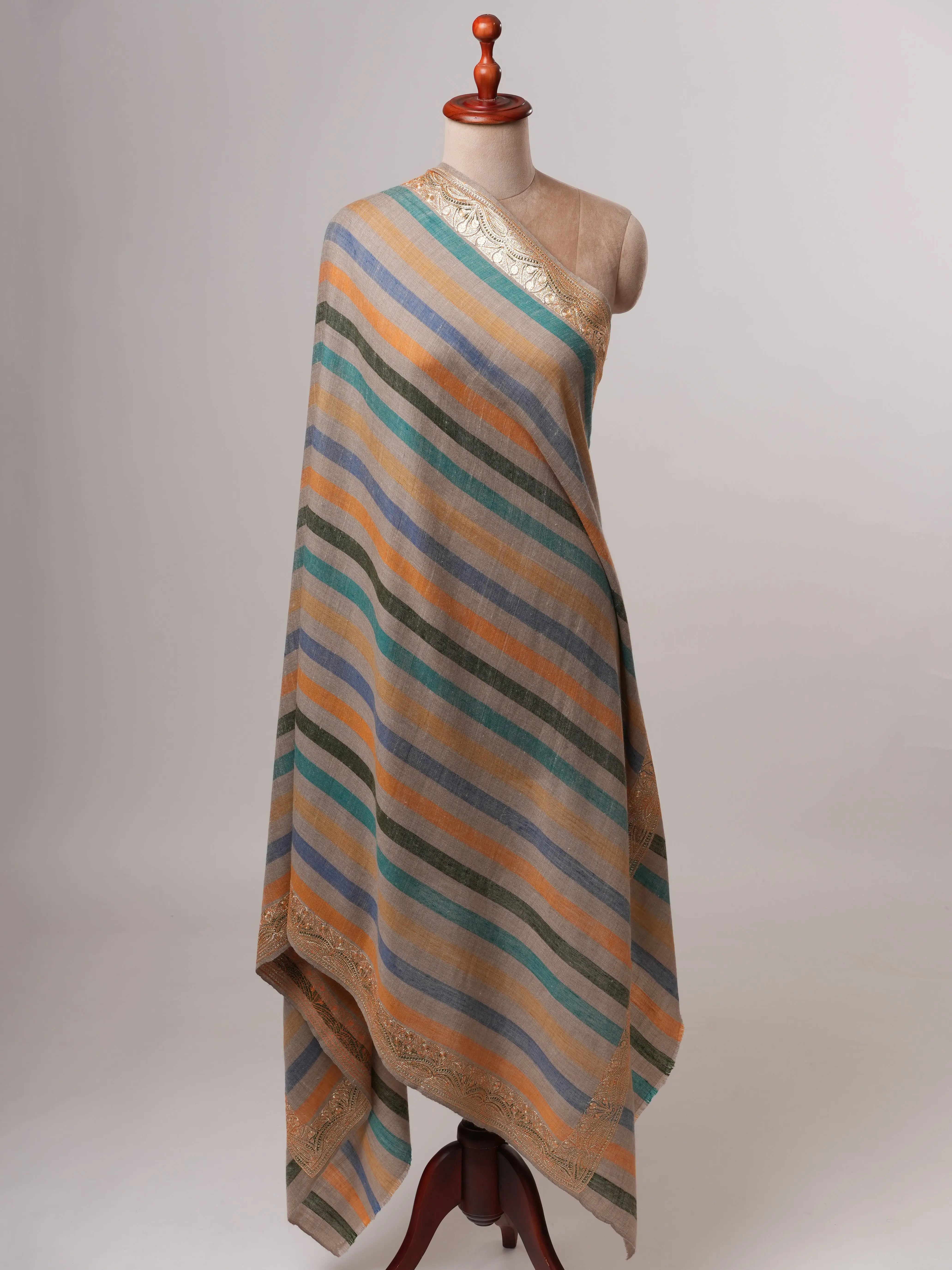 Stripe Pashmina Shawl with Gold Tilla Daurdar Embroidery Shahkaar