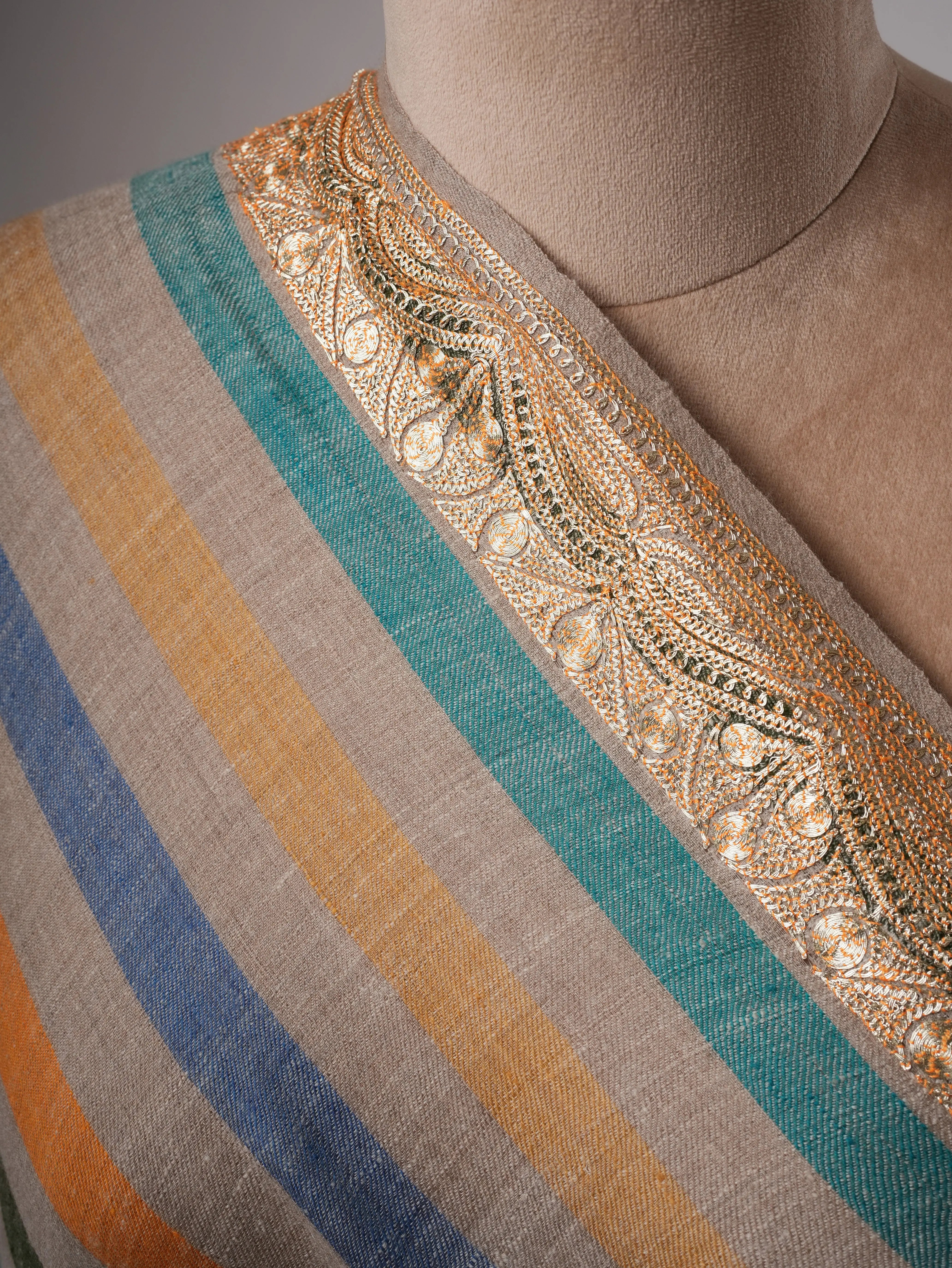 Stripe Pashmina Shawl with Gold Tilla Daurdar Embroidery Shahkaar