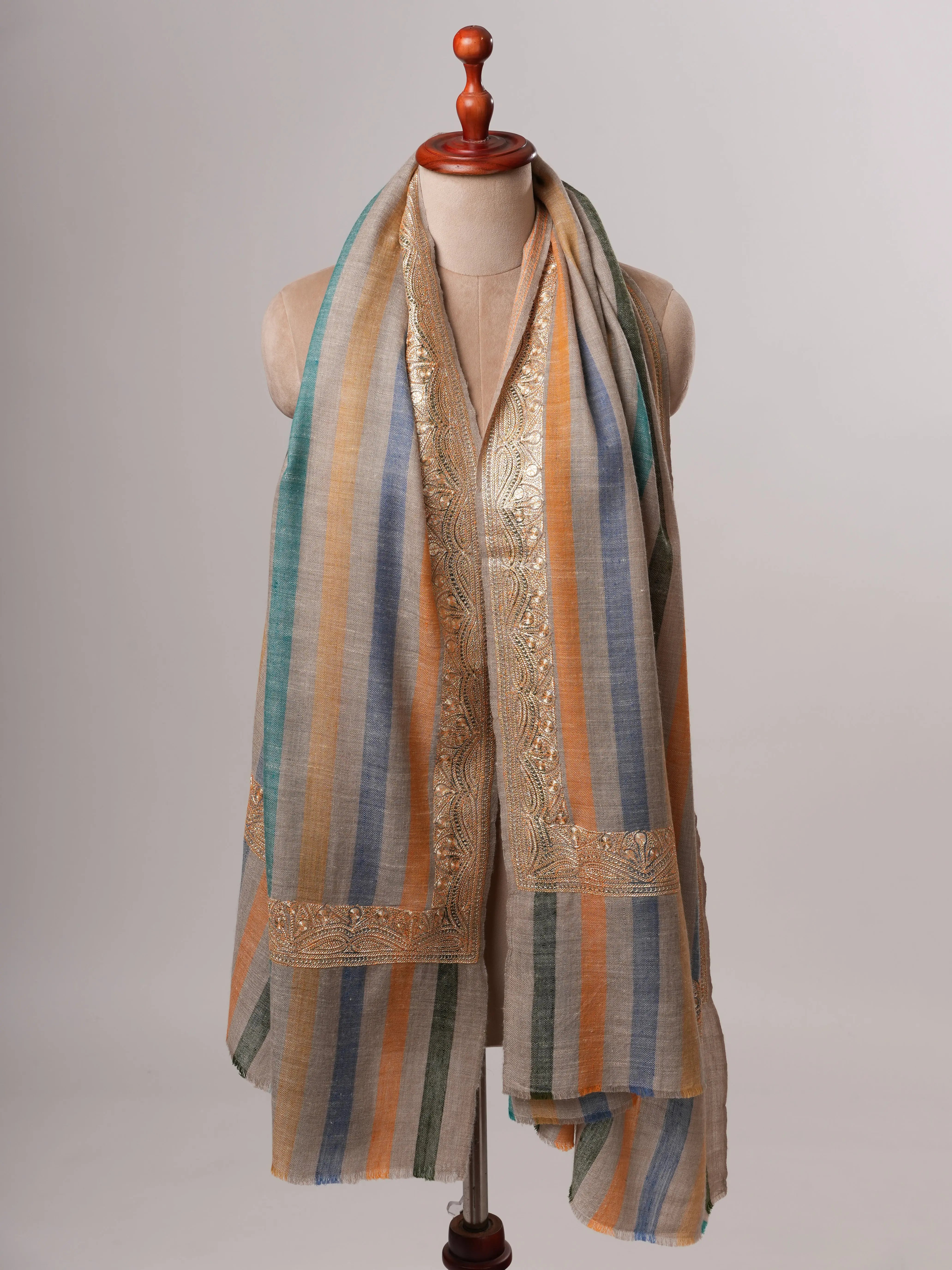 Stripe Pashmina Shawl with Gold Tilla Daurdar Embroidery Shahkaar