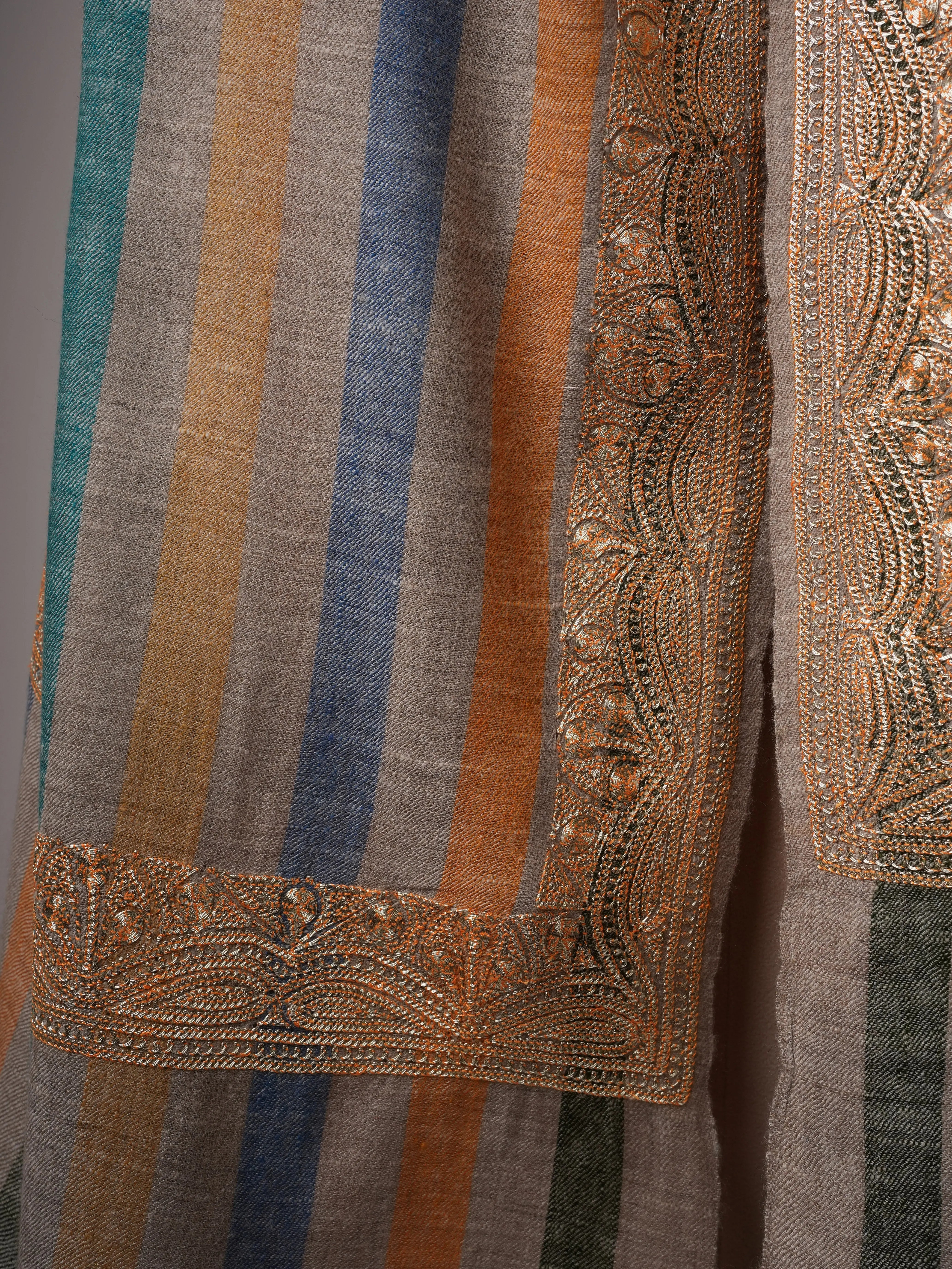 Stripe Pashmina Shawl with Gold Tilla Daurdar Embroidery Shahkaar