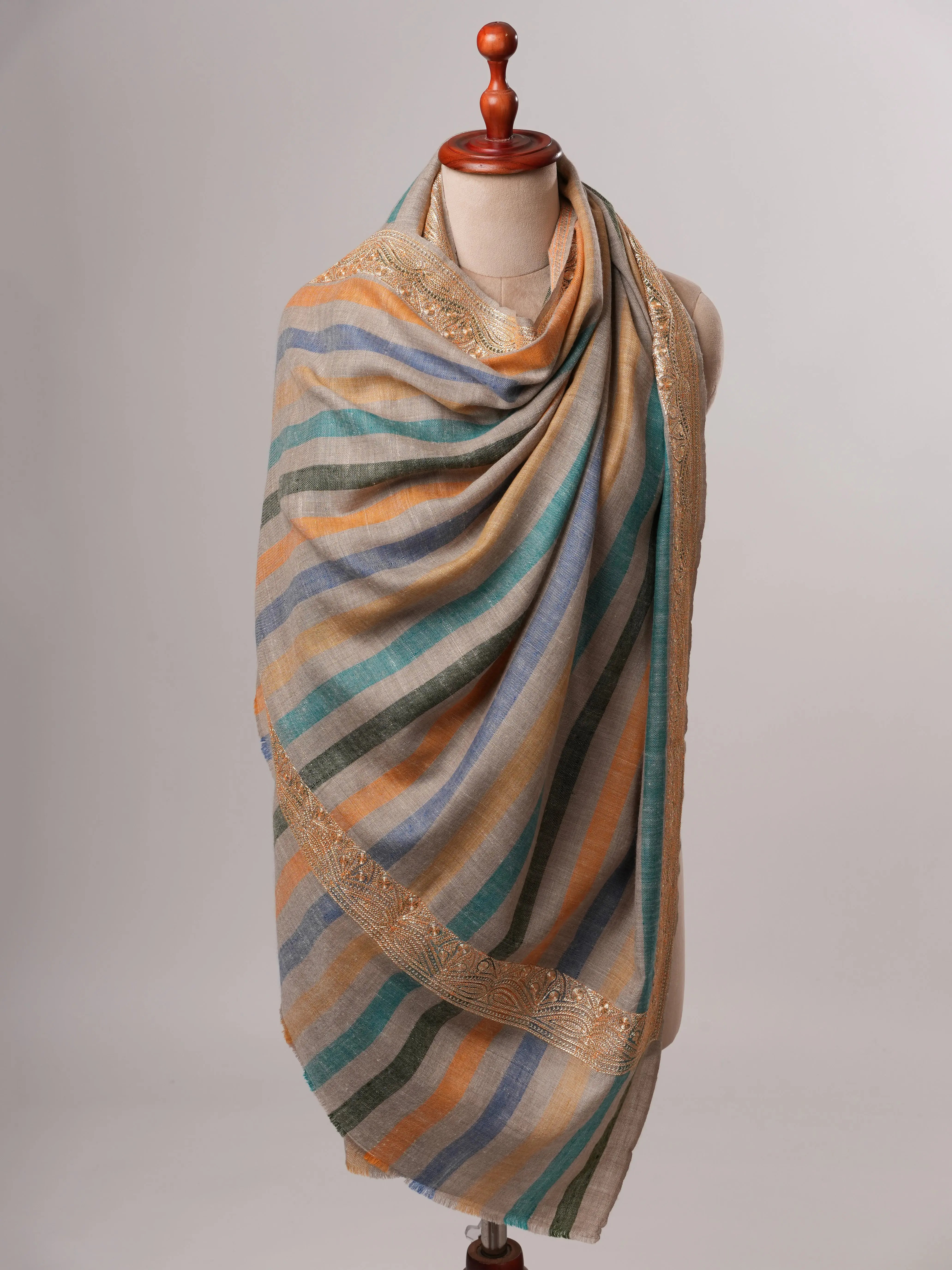 Stripe Pashmina Shawl with Gold Tilla Daurdar Embroidery Shahkaar