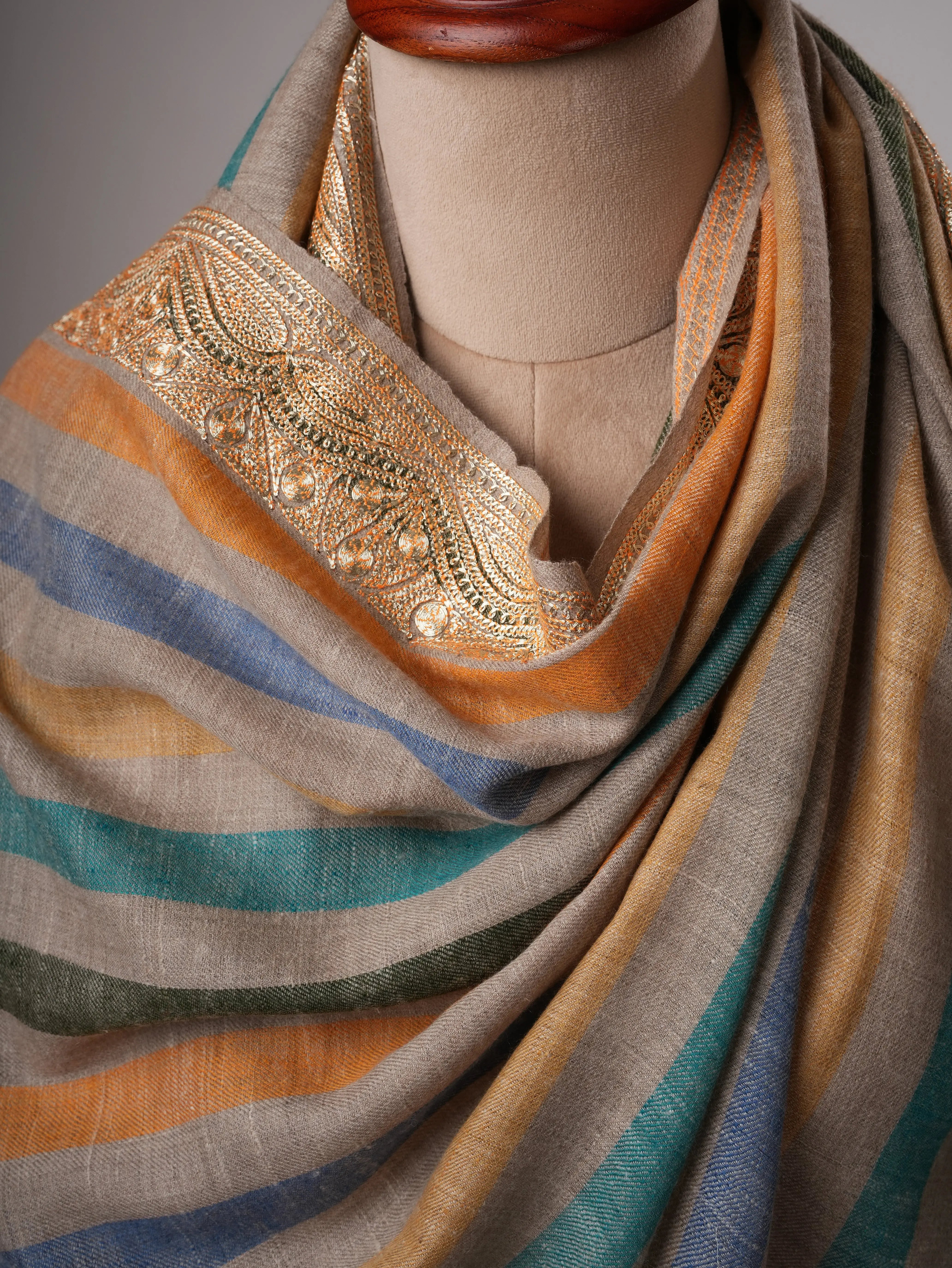 Stripe Pashmina Shawl with Gold Tilla Daurdar Embroidery Shahkaar