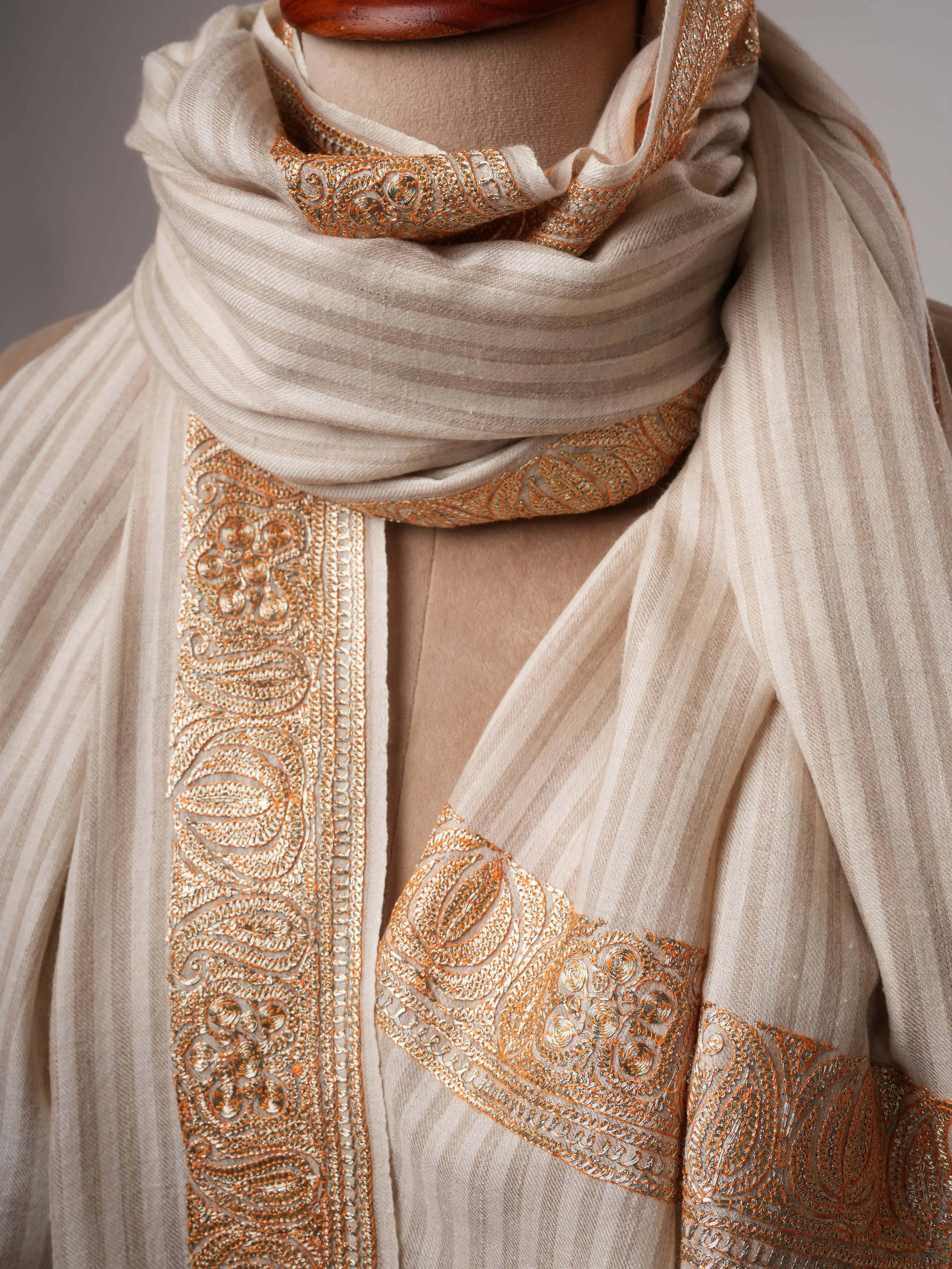Kashmiri Striped Pashmina with Handcrafted Tilla Daurdar Work