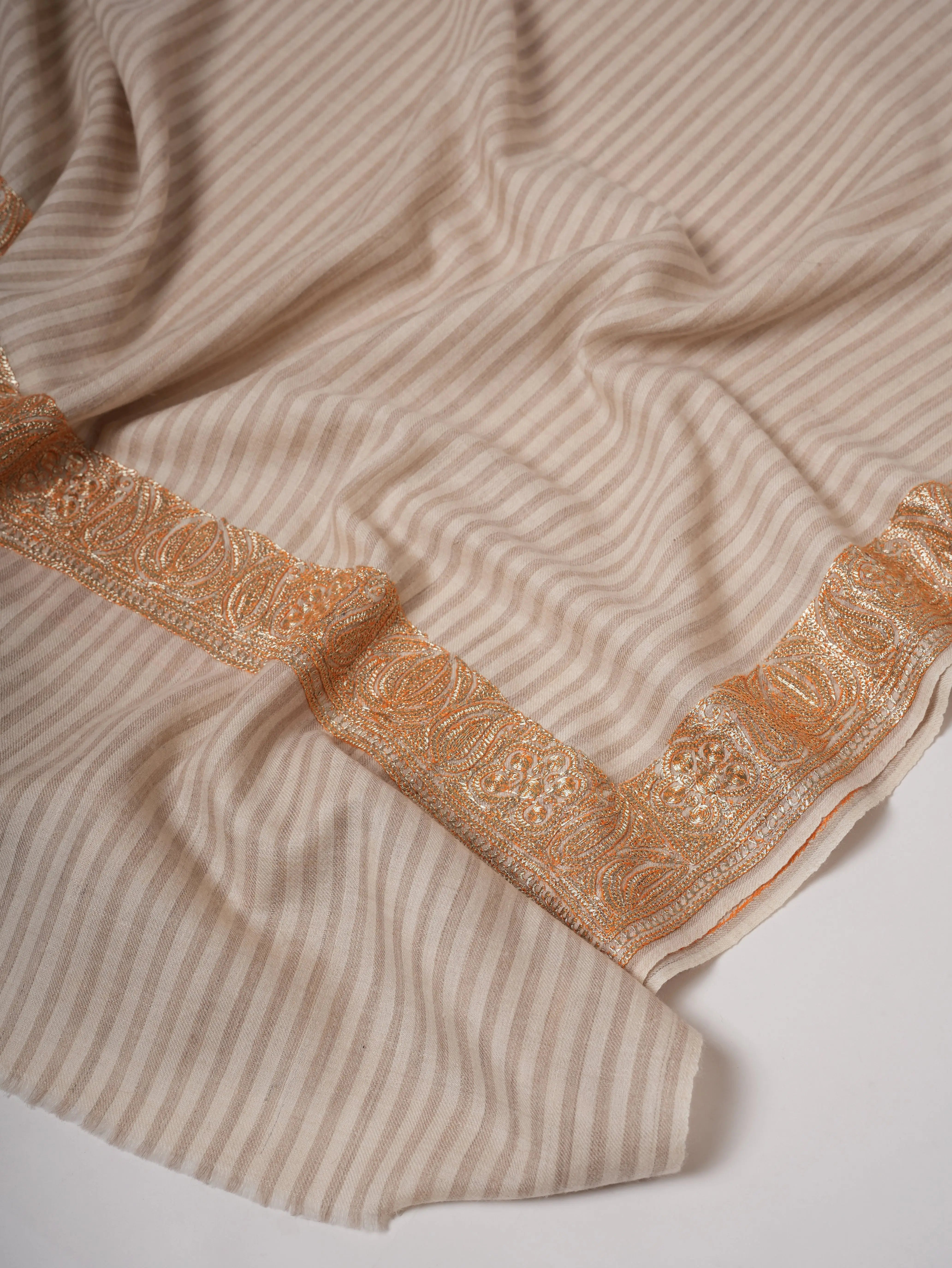 Striped Pashmina Shawl with Tilla Daurdar Hand Embroidery Shahkaar