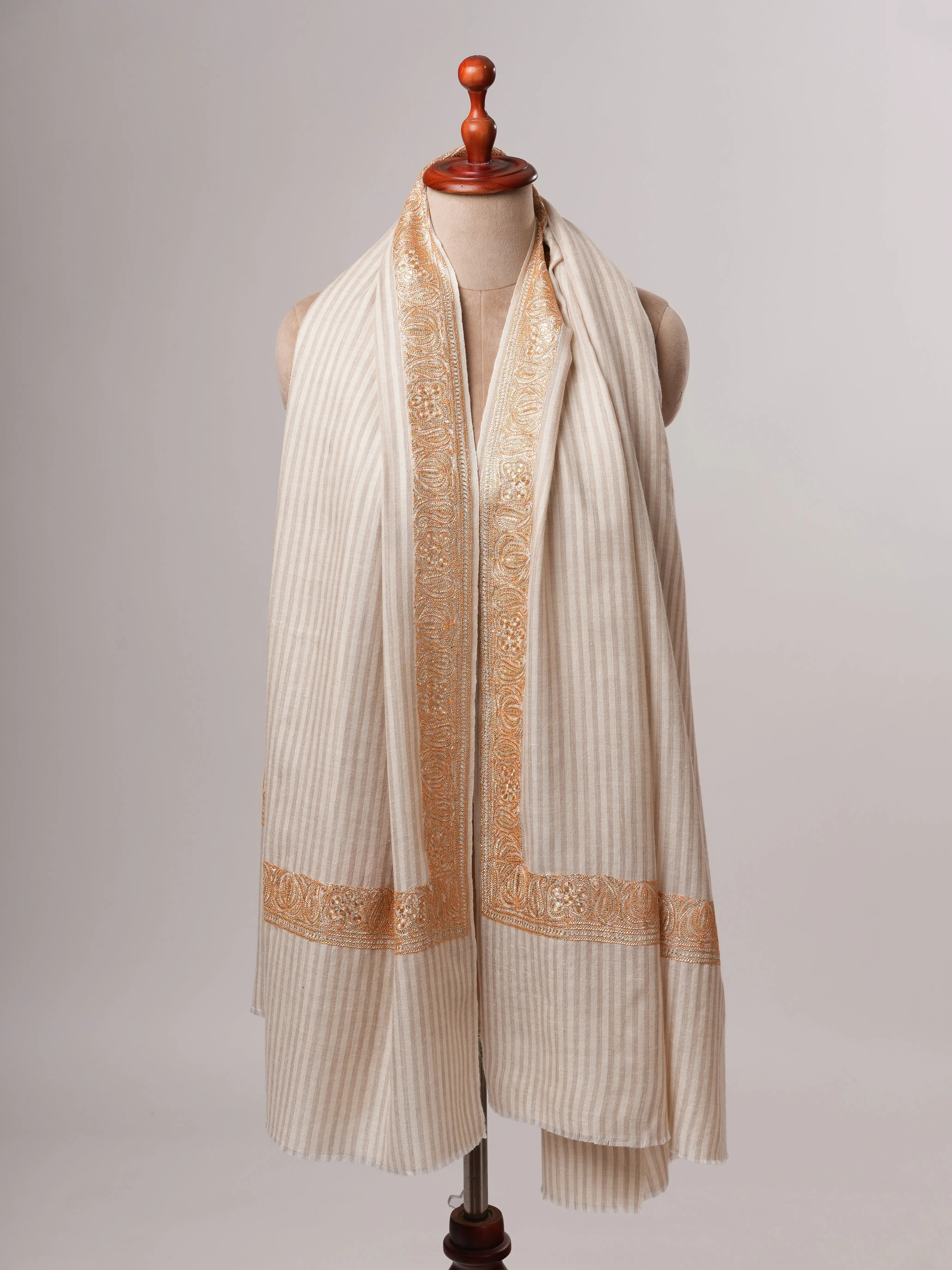 Striped Pashmina Shawl with Tilla Daurdar Hand Embroidery Shahkaar