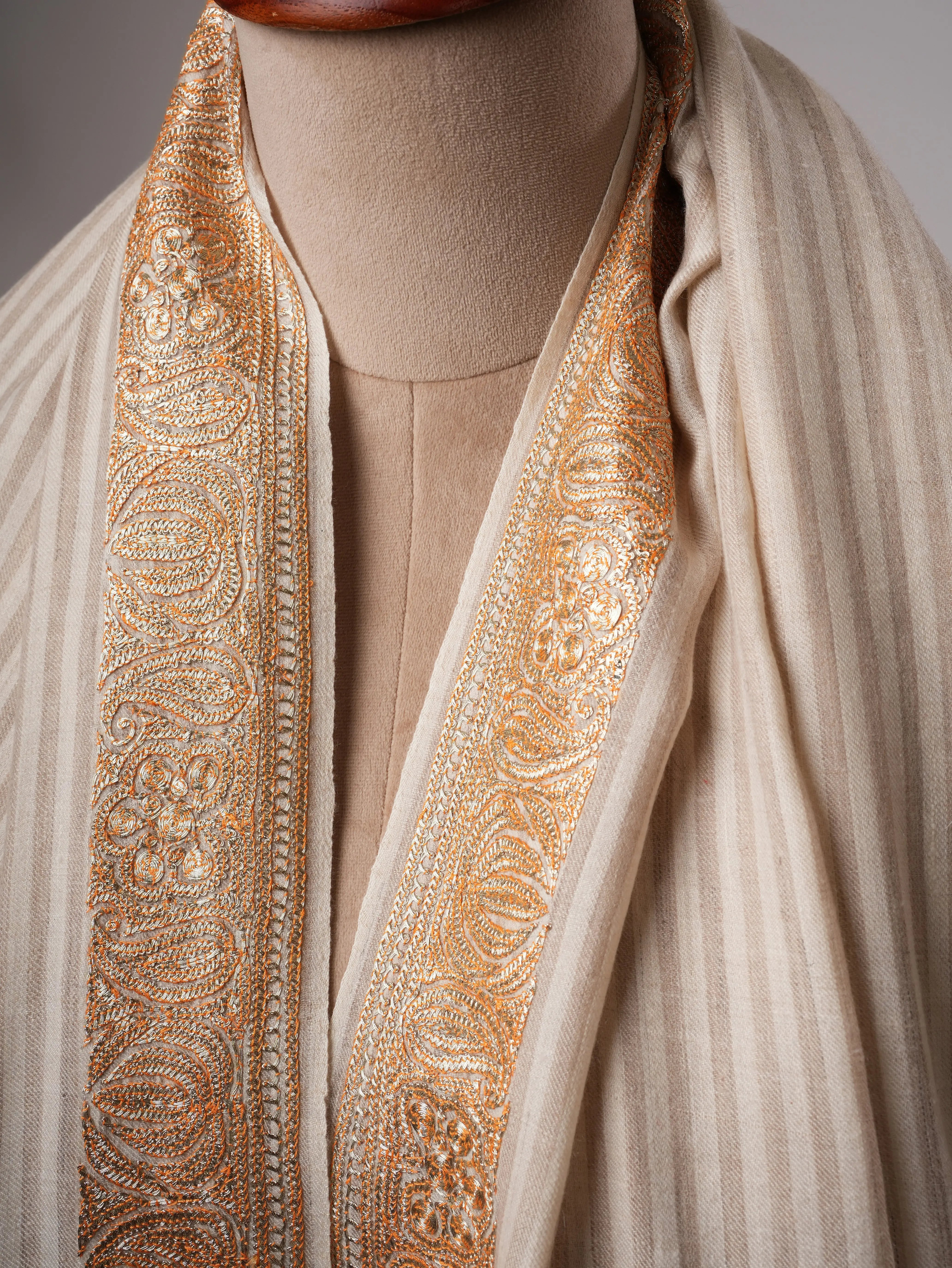 Striped Pashmina Shawl with Tilla Daurdar Hand Embroidery Shahkaar