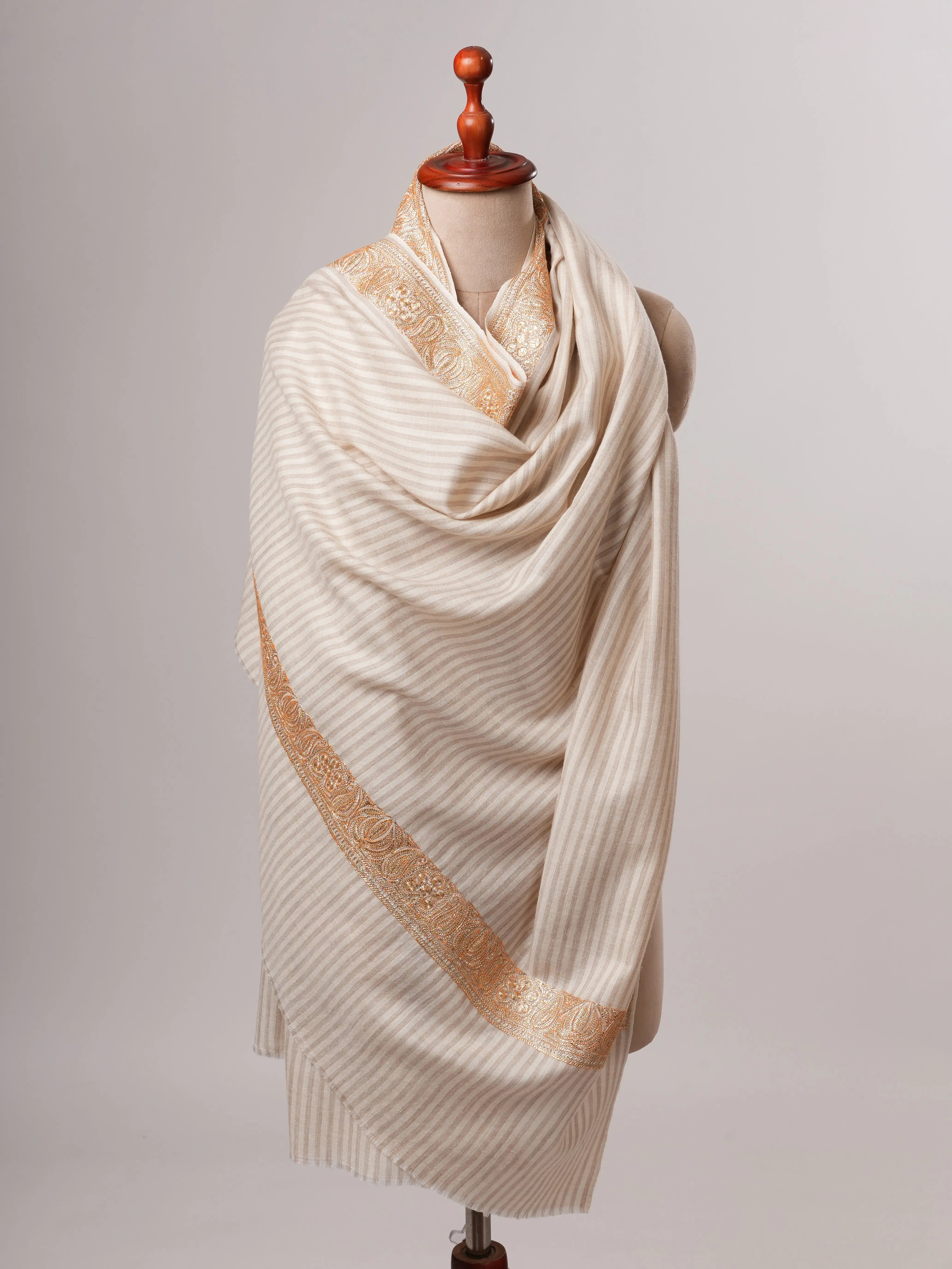 Kashmiri Striped Pashmina with Handcrafted Tilla Daurdar Work