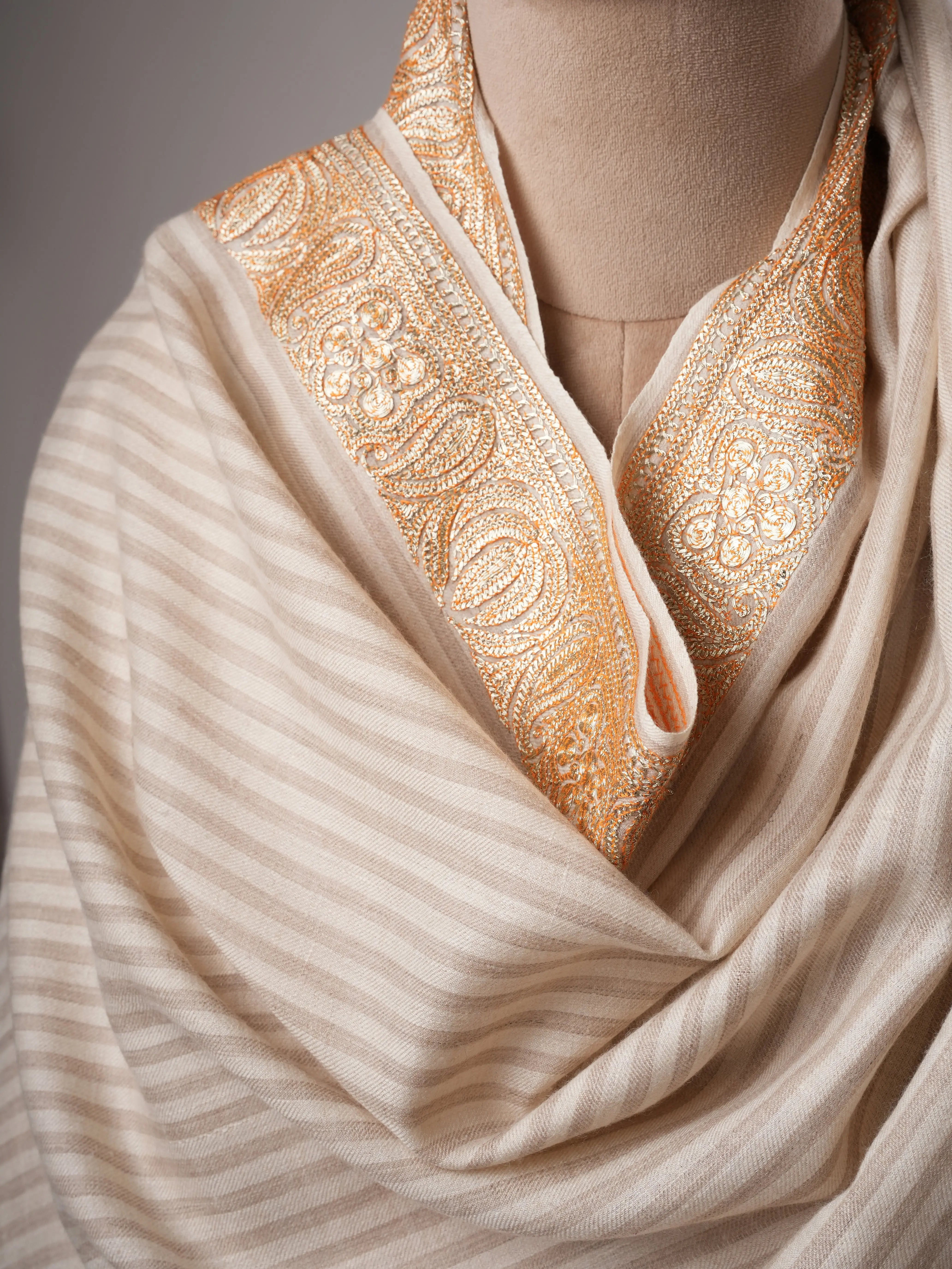 Striped Pashmina Shawl with Tilla Daurdar Hand Embroidery Shahkaar