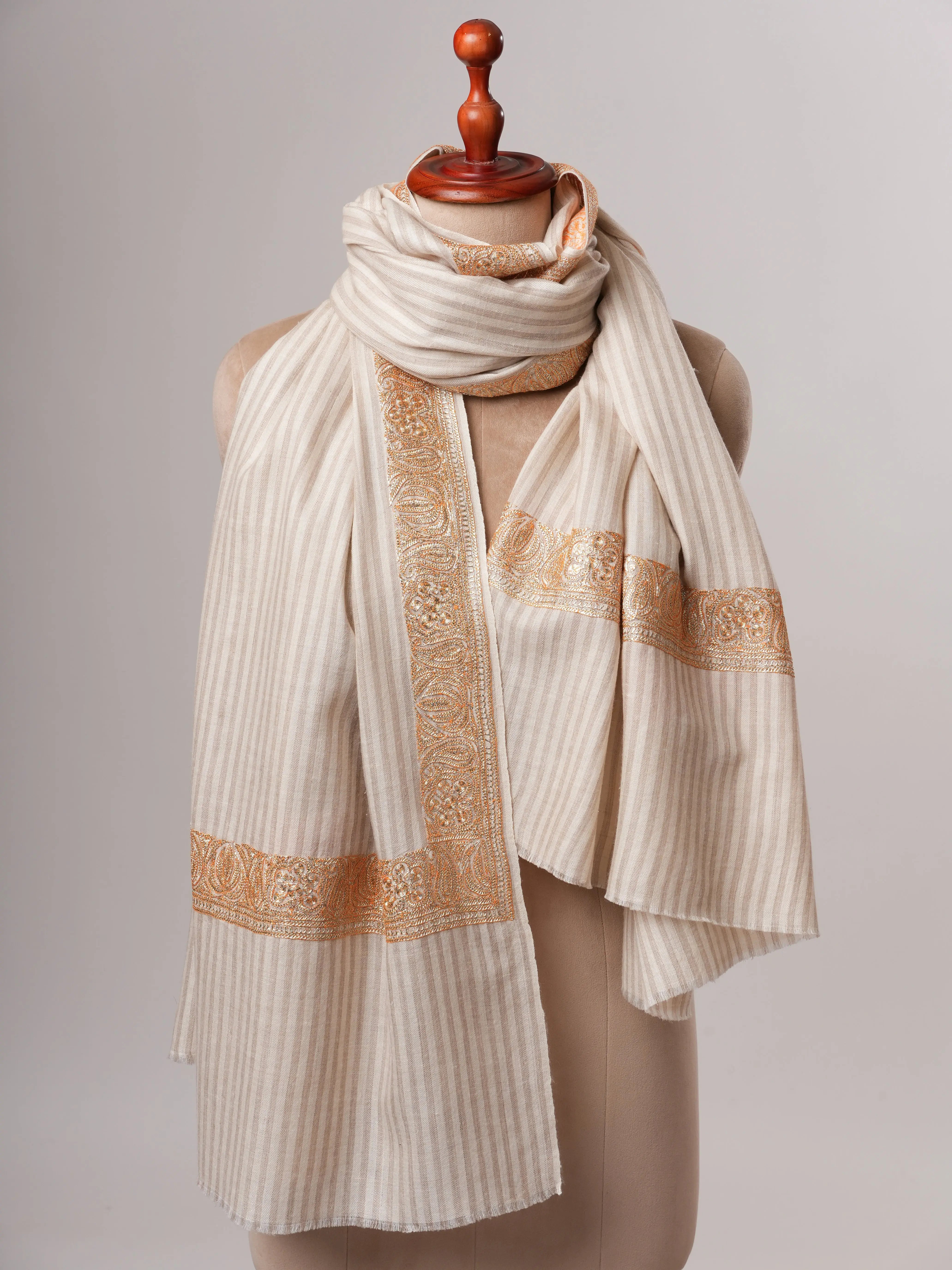 Kashmiri Striped Pashmina with Handcrafted Tilla Daurdar Work