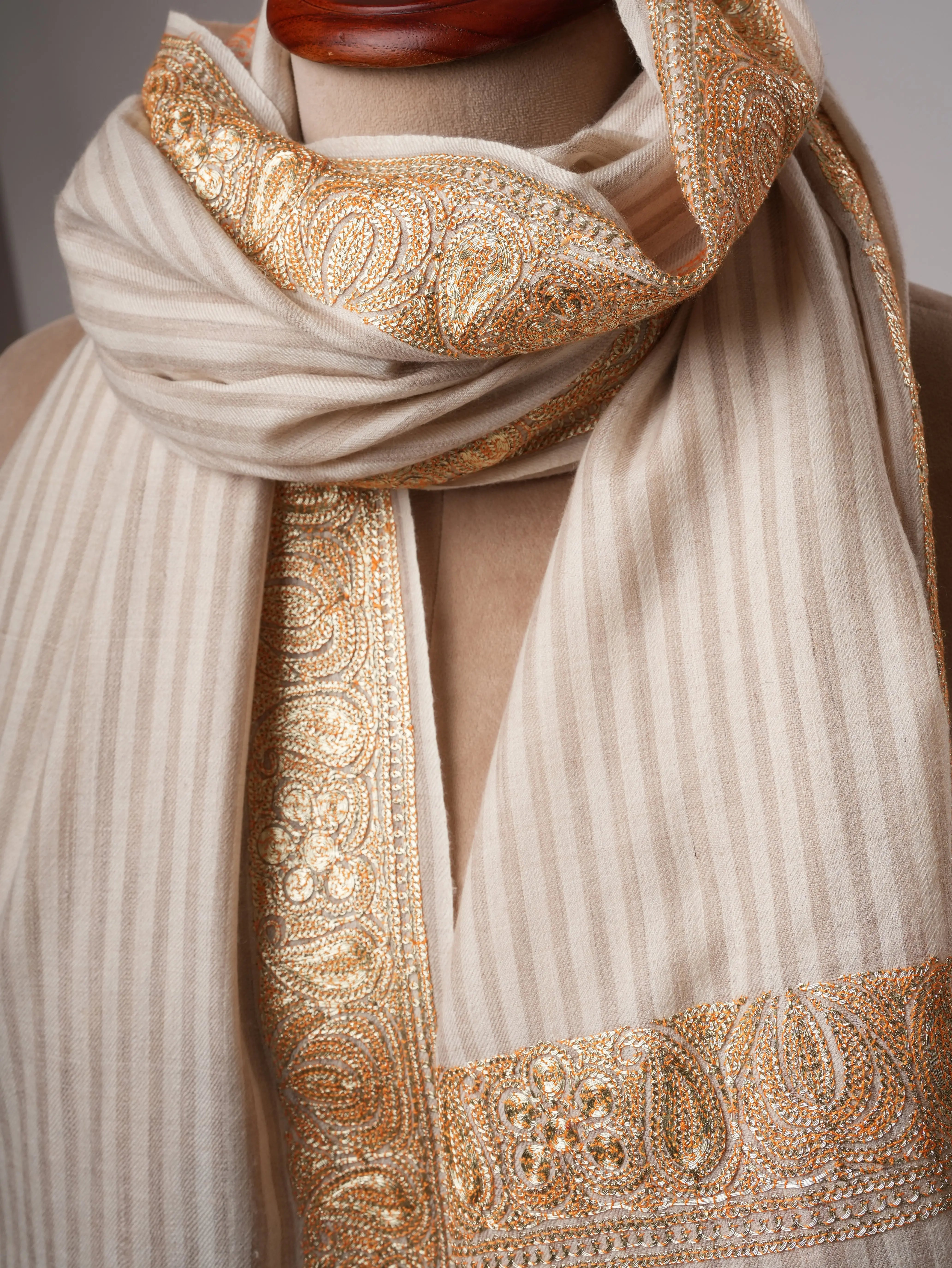Striped Pashmina Shawl with Hand Embroidered Tilla Work in Floral Paisley Motifs Shahkaar
