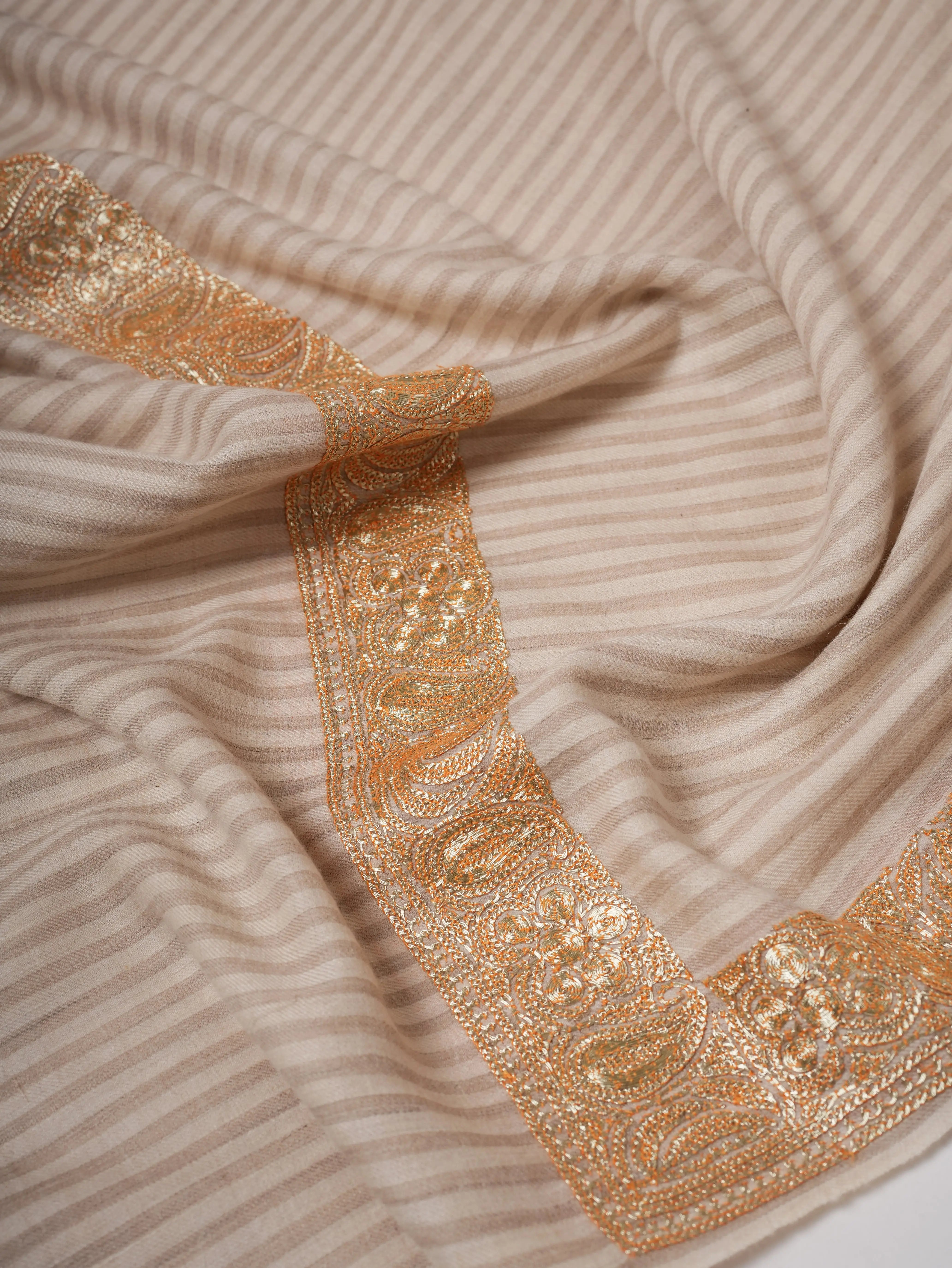 Striped Pashmina Shawl with Hand Embroidered Tilla Work in Floral Paisley Motifs Shahkaar