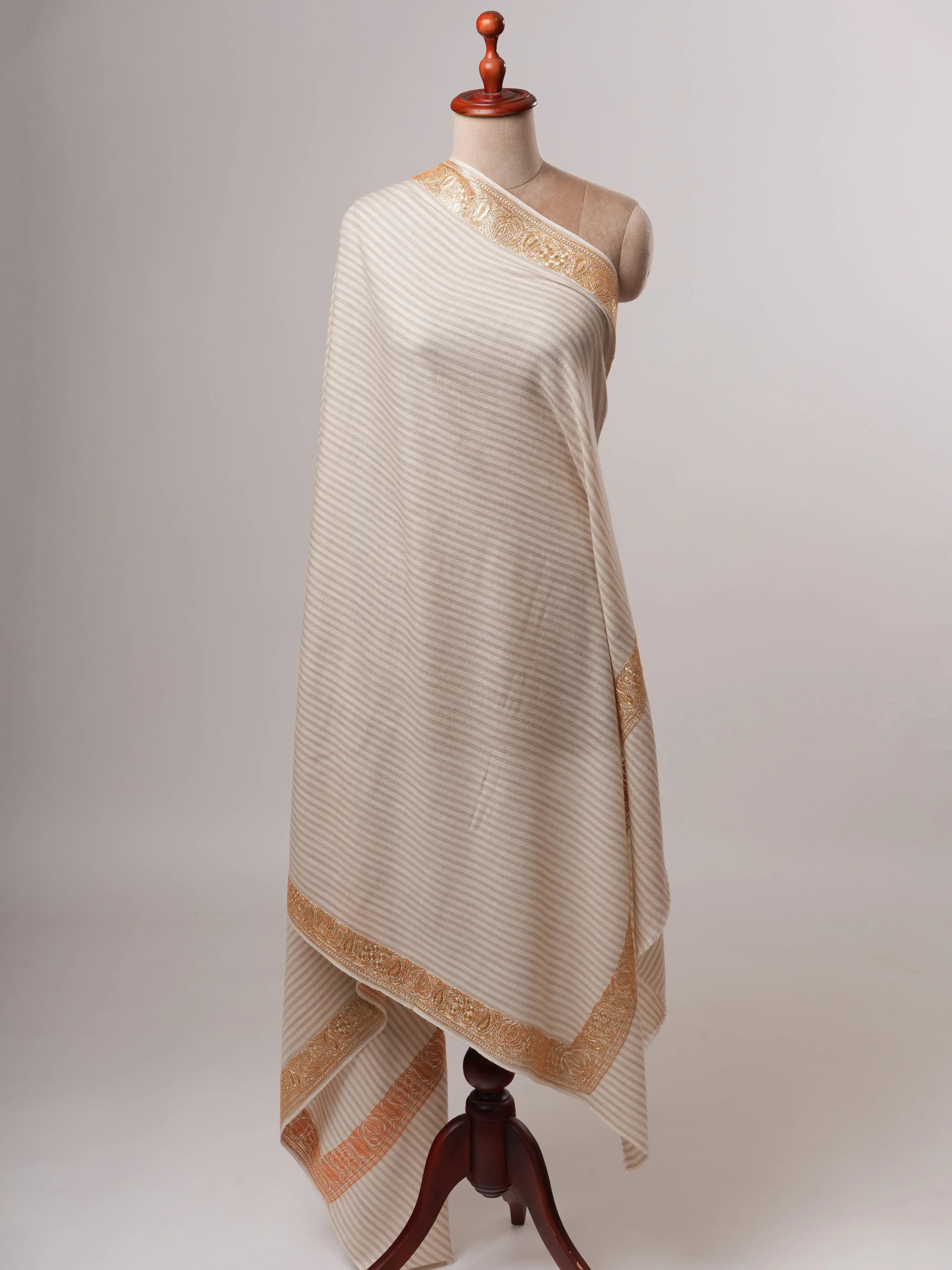 Striped Pashmina Shawl with Hand Embroidered Tilla Work in Floral Paisley Motifs Shahkaar