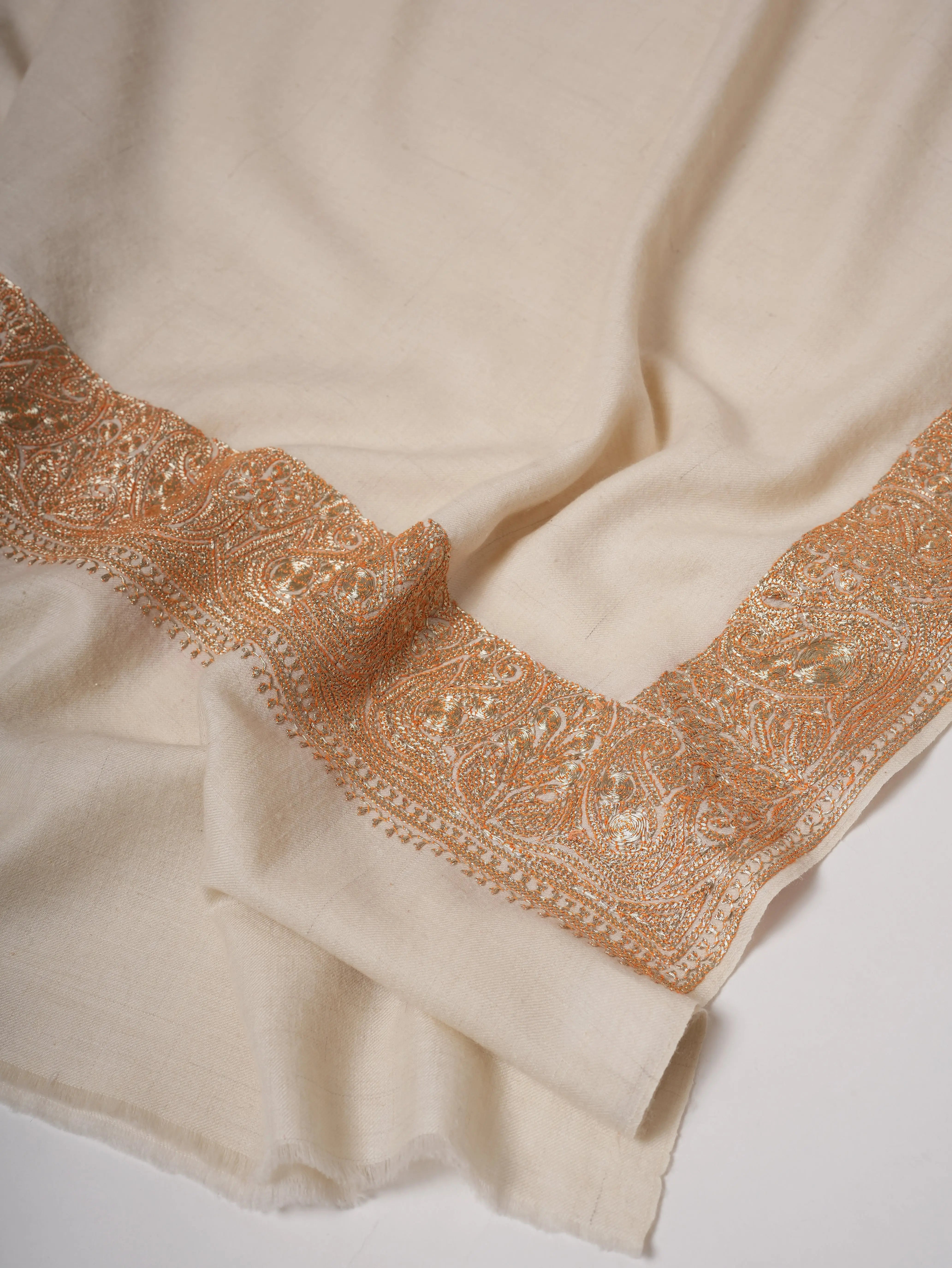 Natural Ivory Pashmina Shawl with Daurdar Gold Tilla Embroidery Shahkaar