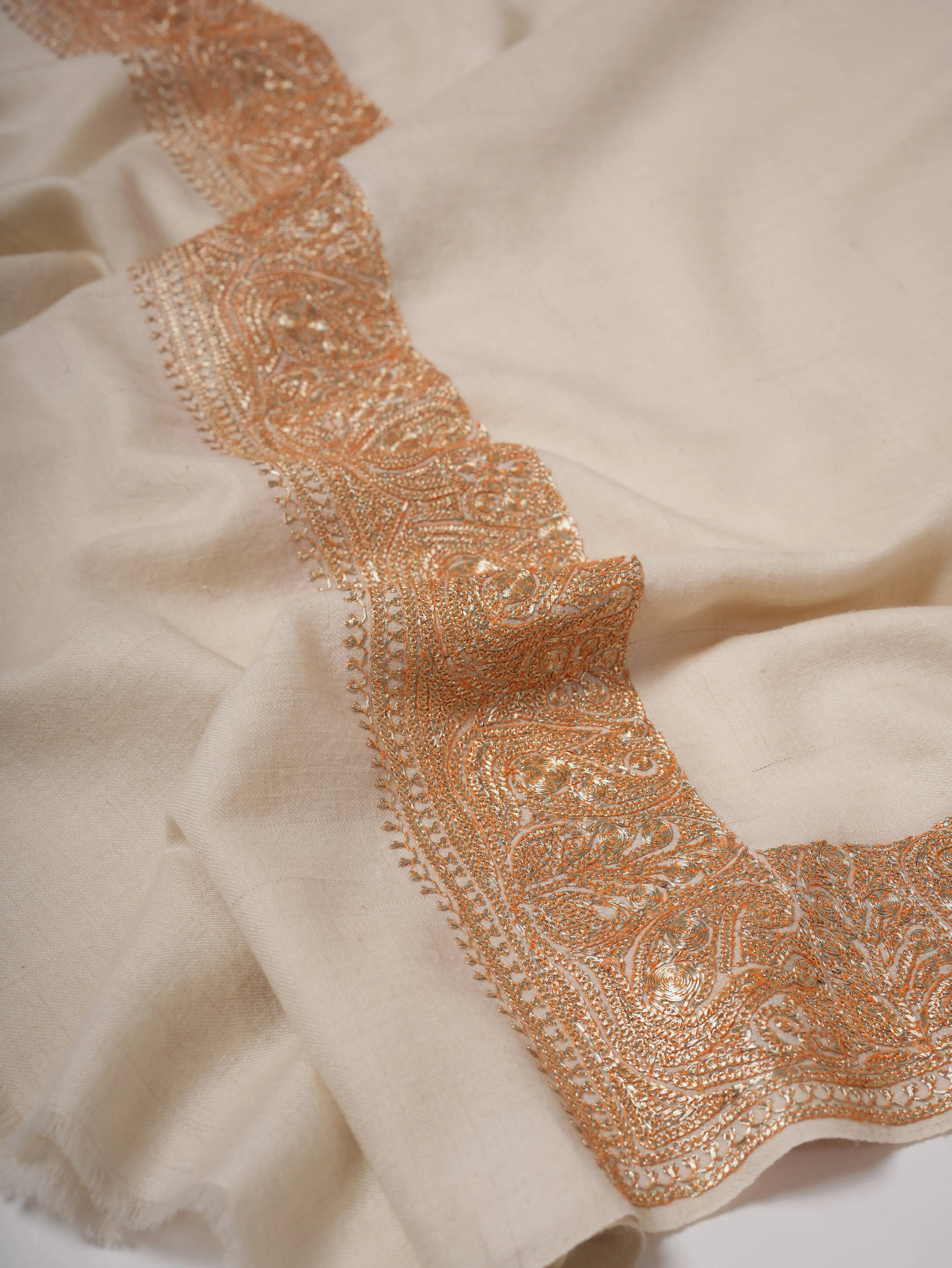 Natural Ivory Pashmina Shawl with Daurdar Gold Tilla Embroidery Shahkaar